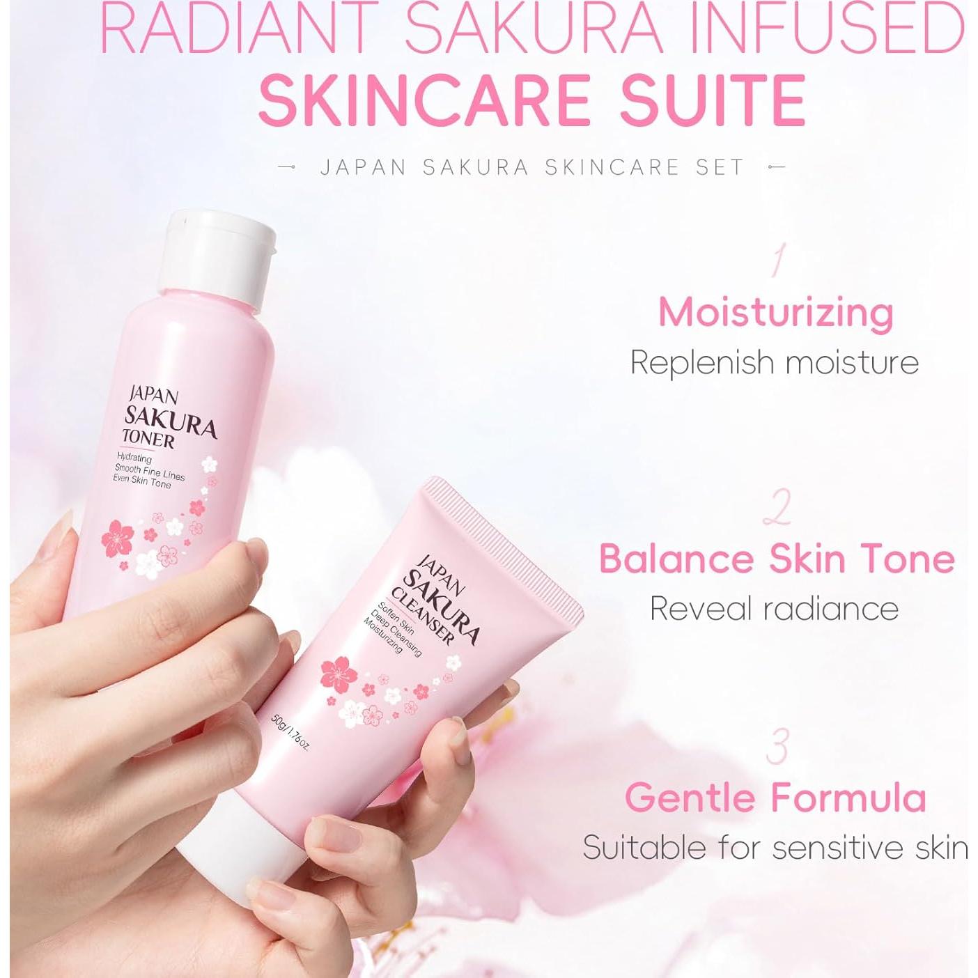 Juego de Cuidado de la Piel Sakura 6 Piezas - Limpiador, Tónico, Crema