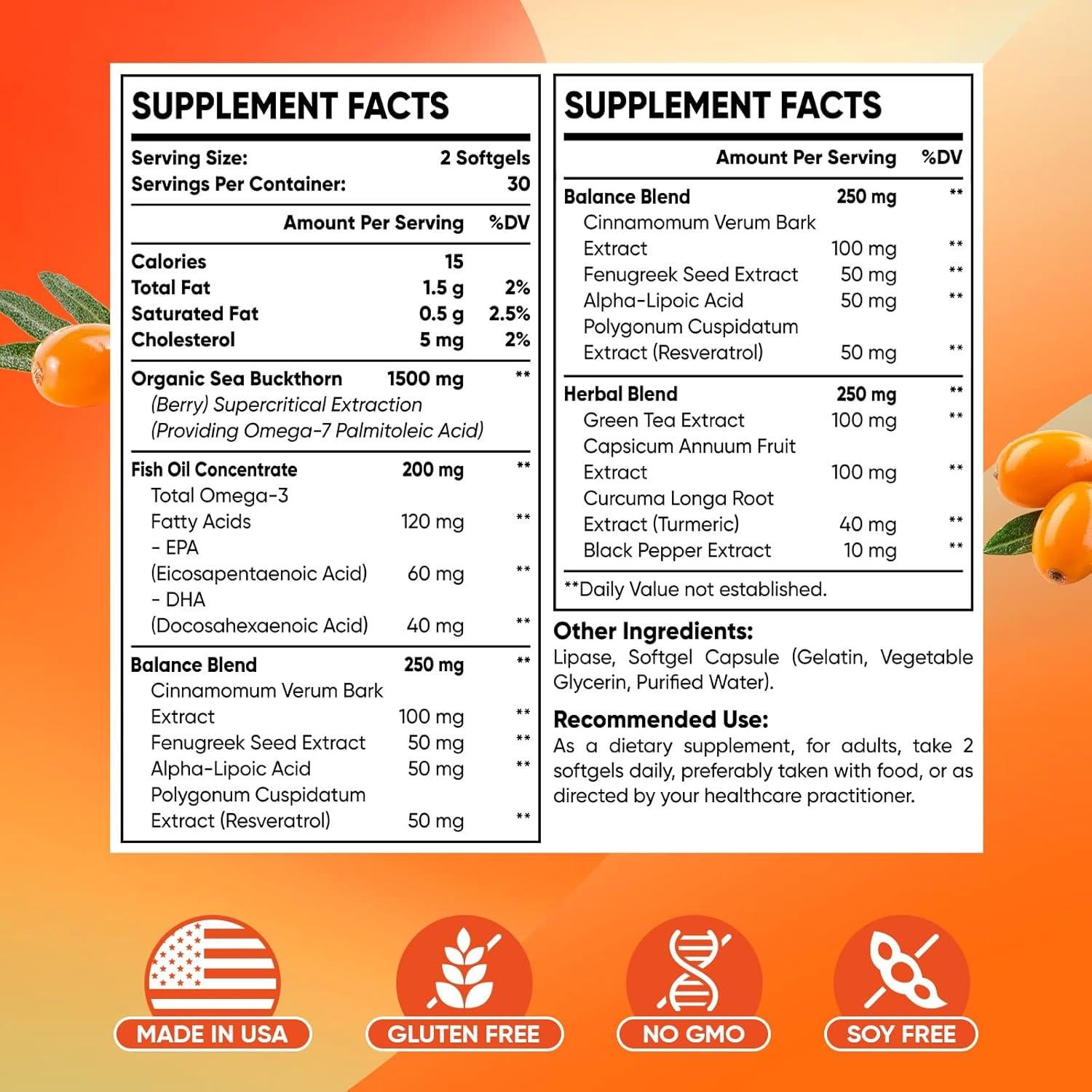 Aceite de Espino Marino Omega-7 + Omega-3 EPA/DHA Sakpwer - 60 Cápsulas