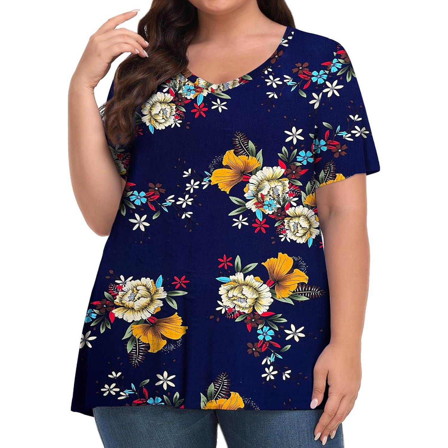 Camiseta Tencede Talla Grande Mujer V Cuello Floral 3XL