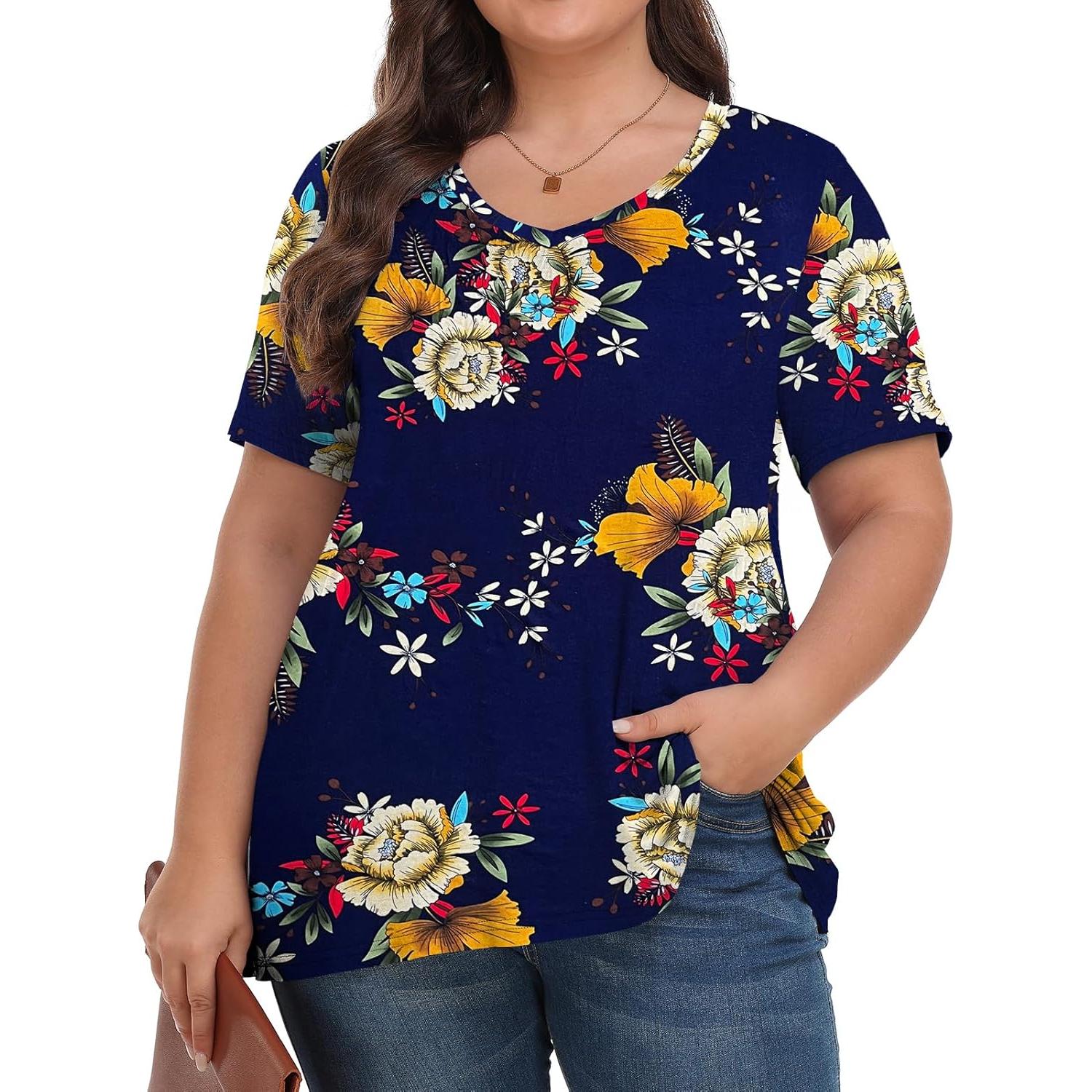 Camiseta Tencede Talla Grande Mujer V Cuello Floral 3XL