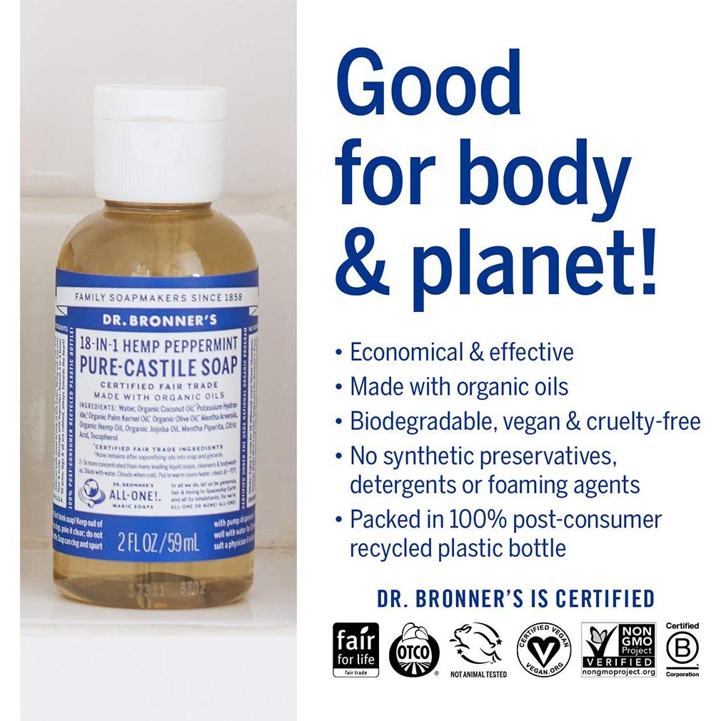 Jabón Líquido Orgánico Dr. Bronner's Menta 59 ml - Vegano