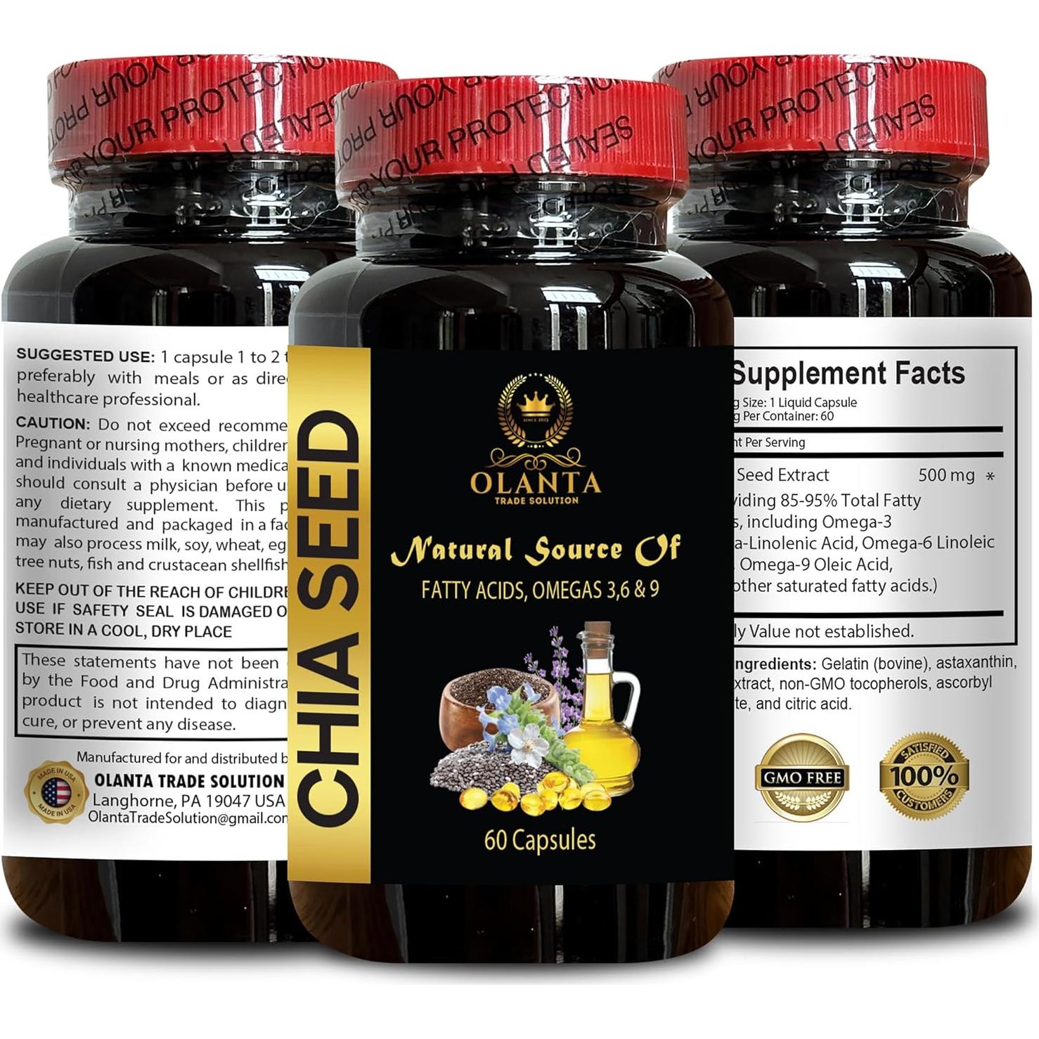 Semillas de Chía Orgánicas Vitalabs - Suplemento Omega 3 6 9 - 60 Cápsulas