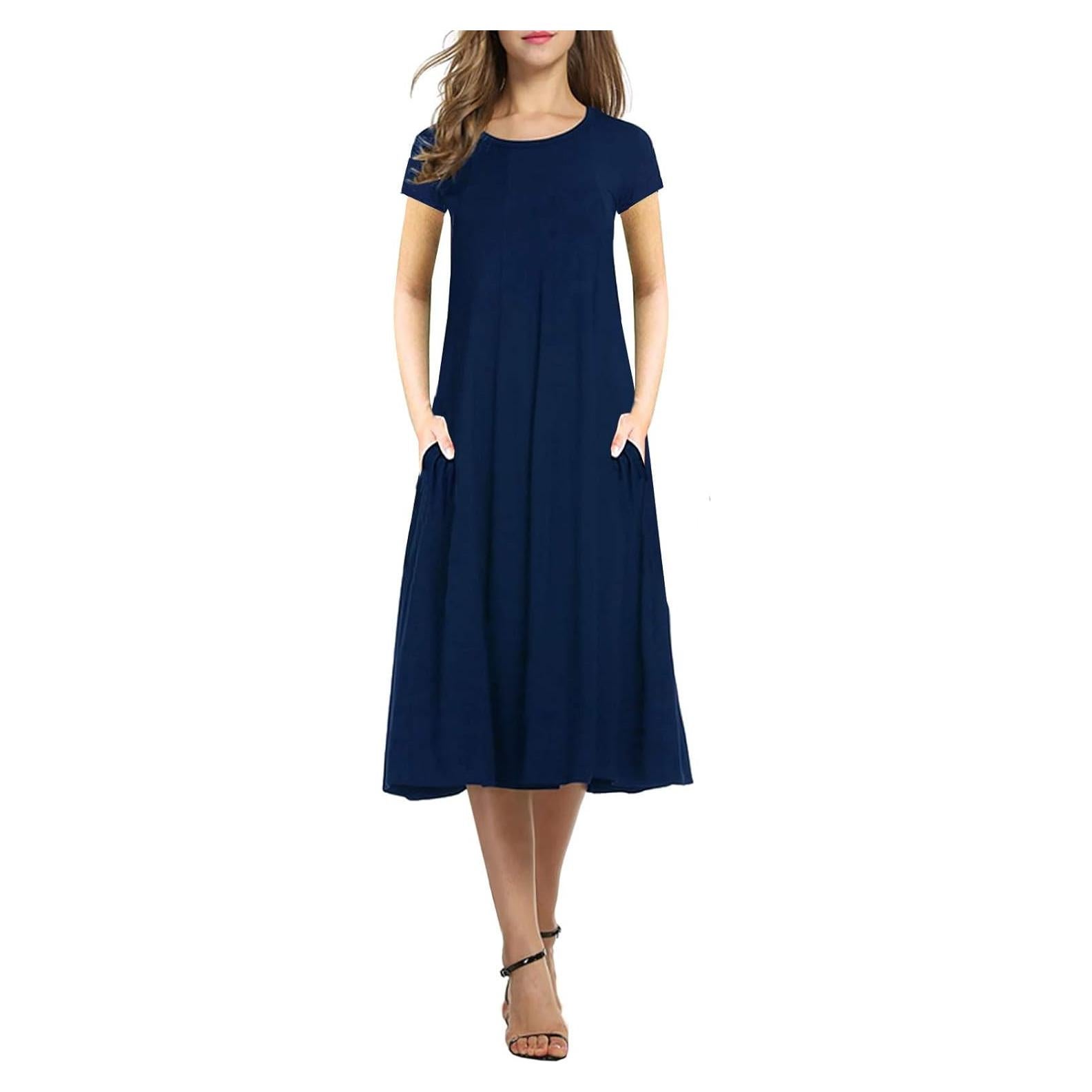 Vestido Midi Plisado Casual Necooer para Mujeres - Azul Marino