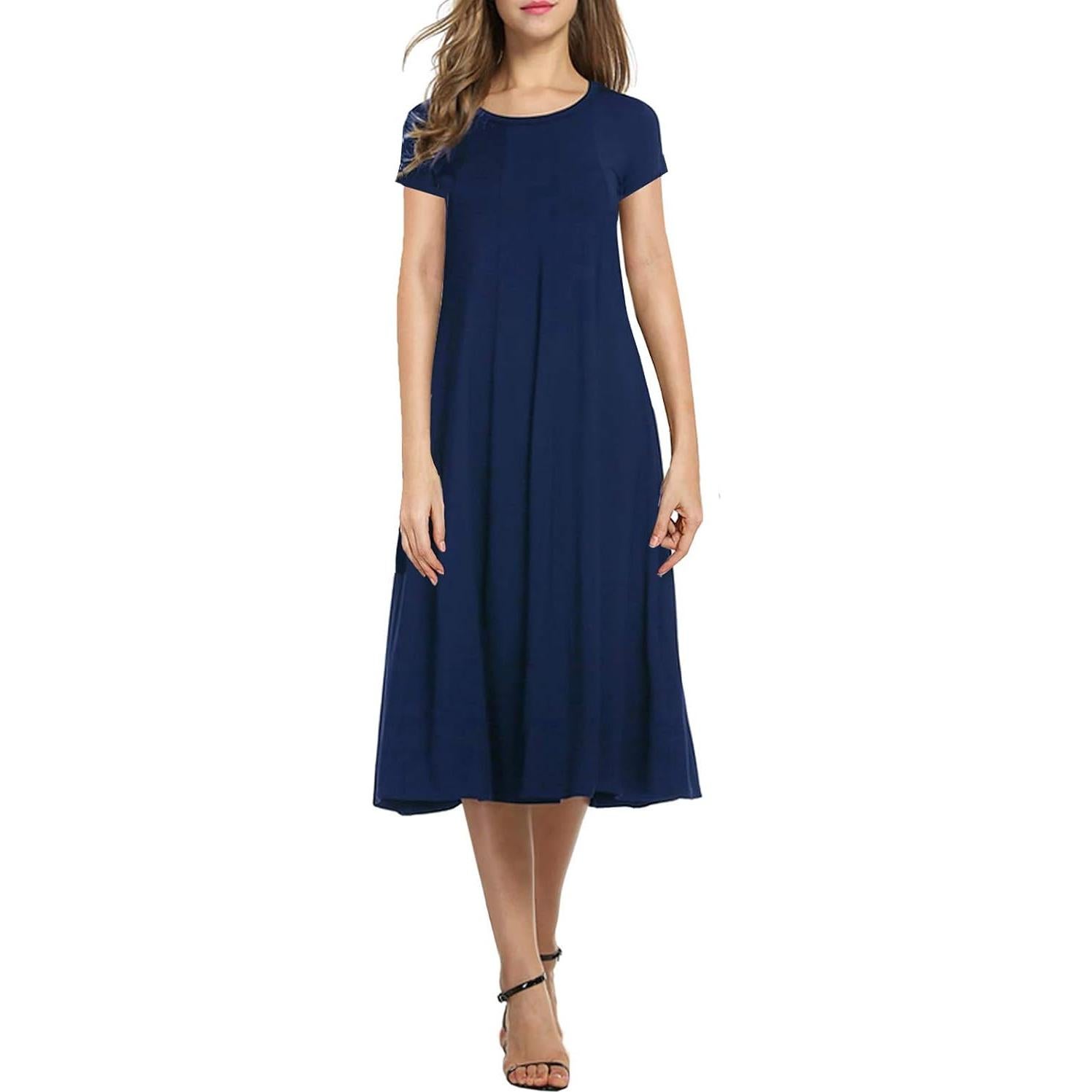 Vestido Midi Plisado Casual Necooer para Mujeres - Azul Marino