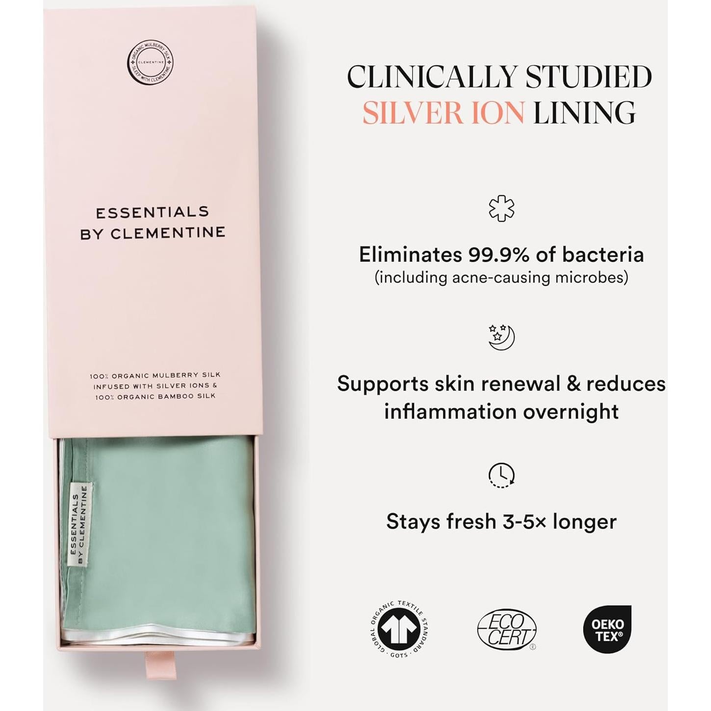 Funda de Almohada King Clementine Verde Seda de Bambú y Plata