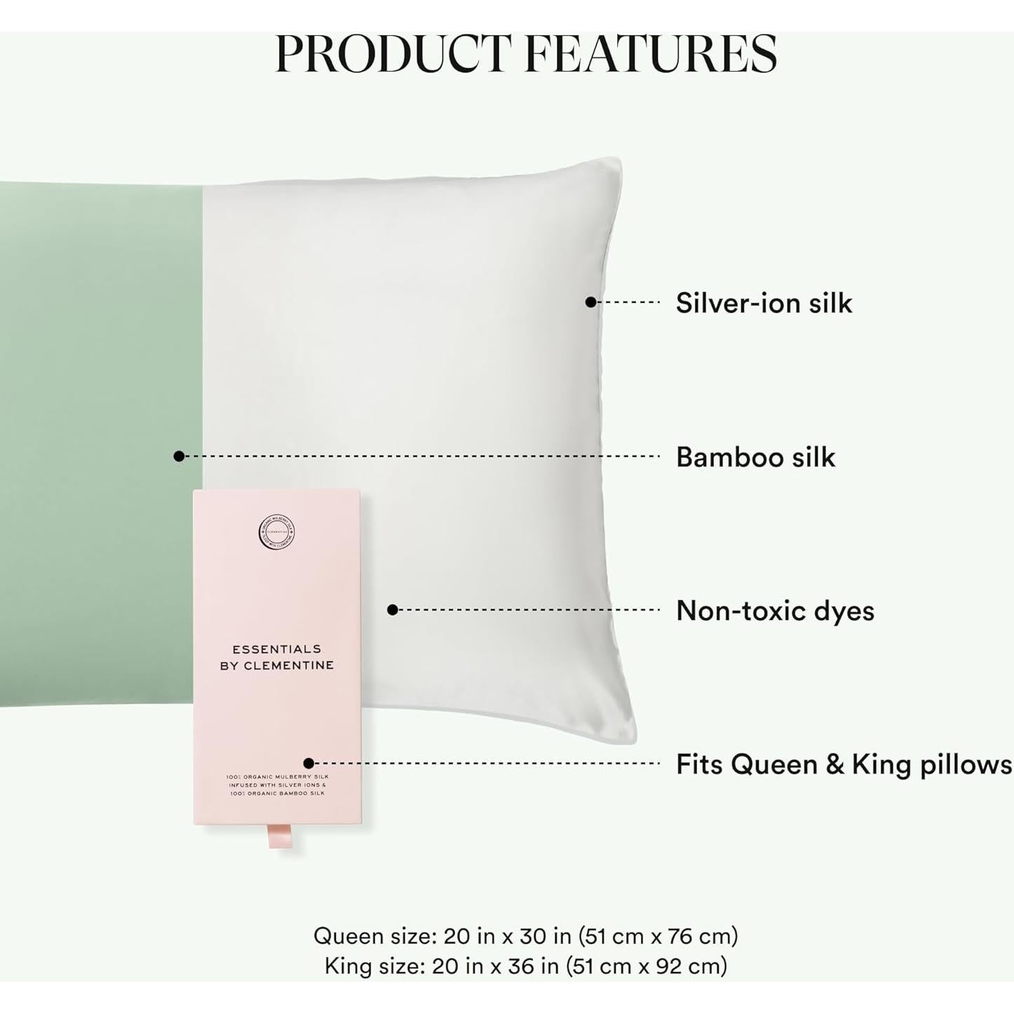 Funda de Almohada King Clementine Verde Seda de Bambú y Plata