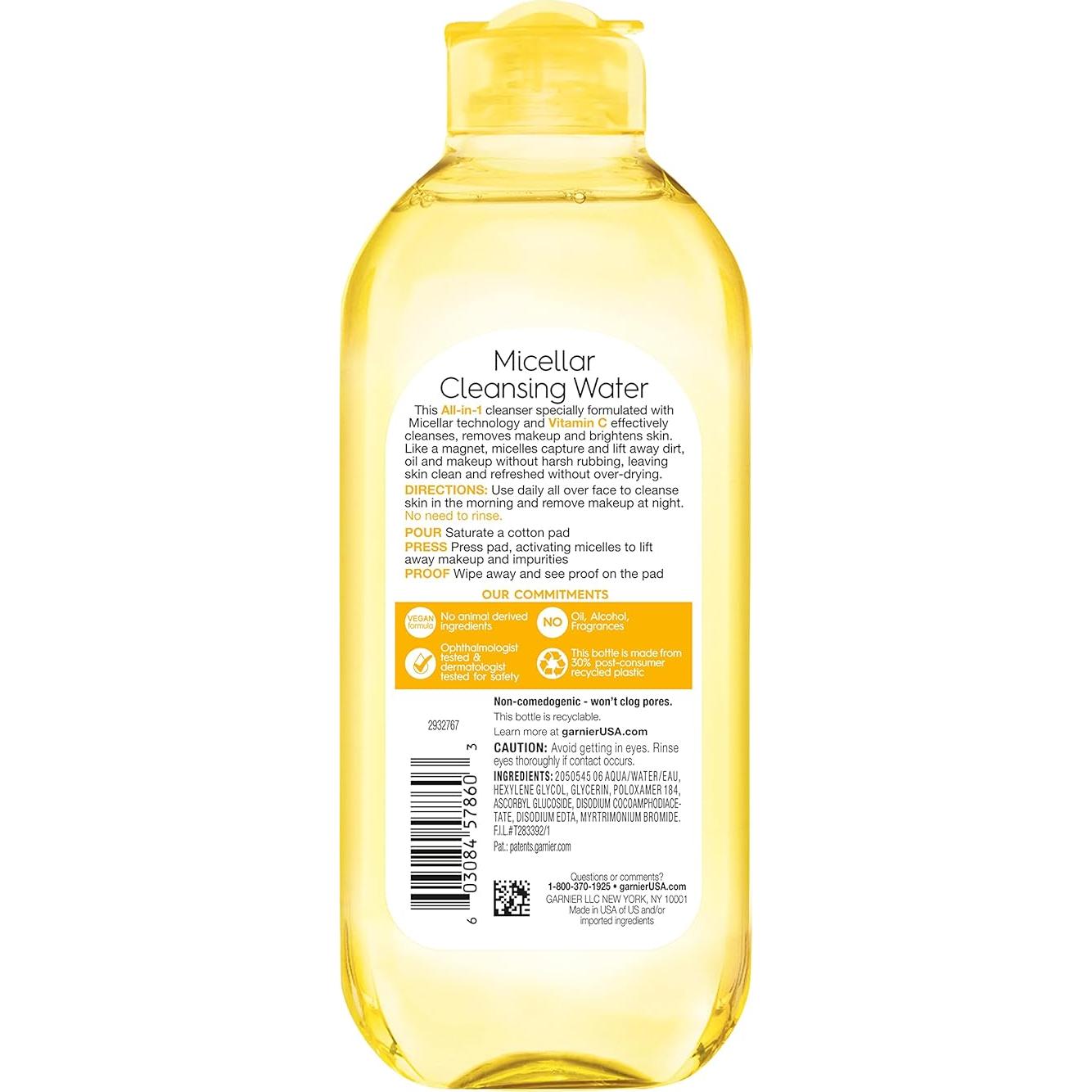 Agua Micelar Garnier con Vitamina C 400ml - Limpiador Facial Vegano