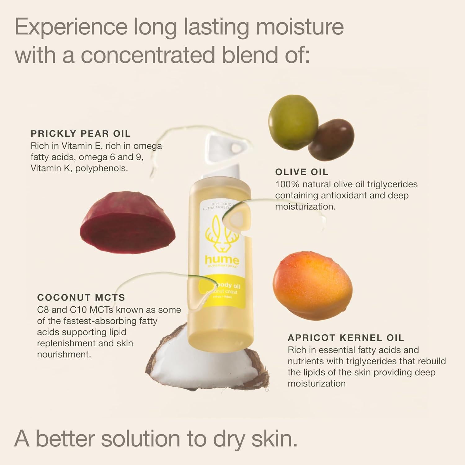 Aceite Corporal Seco HUME SUPERNATURAL 140g - Hidratante Costa de Coco