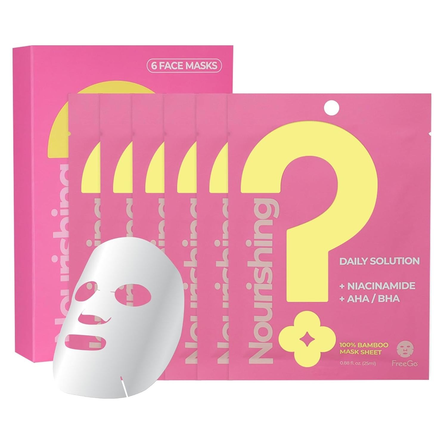 FreeGo Nourishing Daily Solution Niacinamide AHA/BHA Facial Mask Sheet (6-Pack) | K-Beauty Skincare to Bouncy Firm Skin