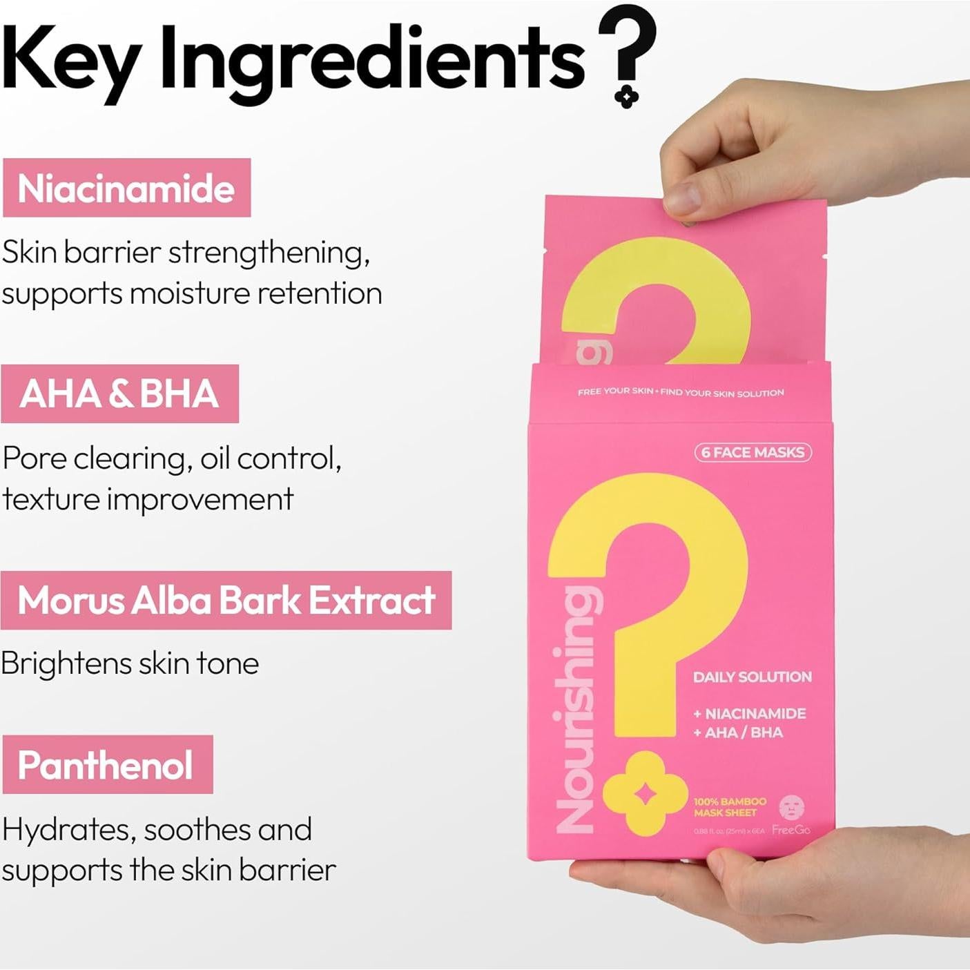 FreeGo Nourishing Daily Solution Niacinamide AHA/BHA Facial Mask Sheet (6-Pack) | K-Beauty Skincare to Bouncy Firm Skin