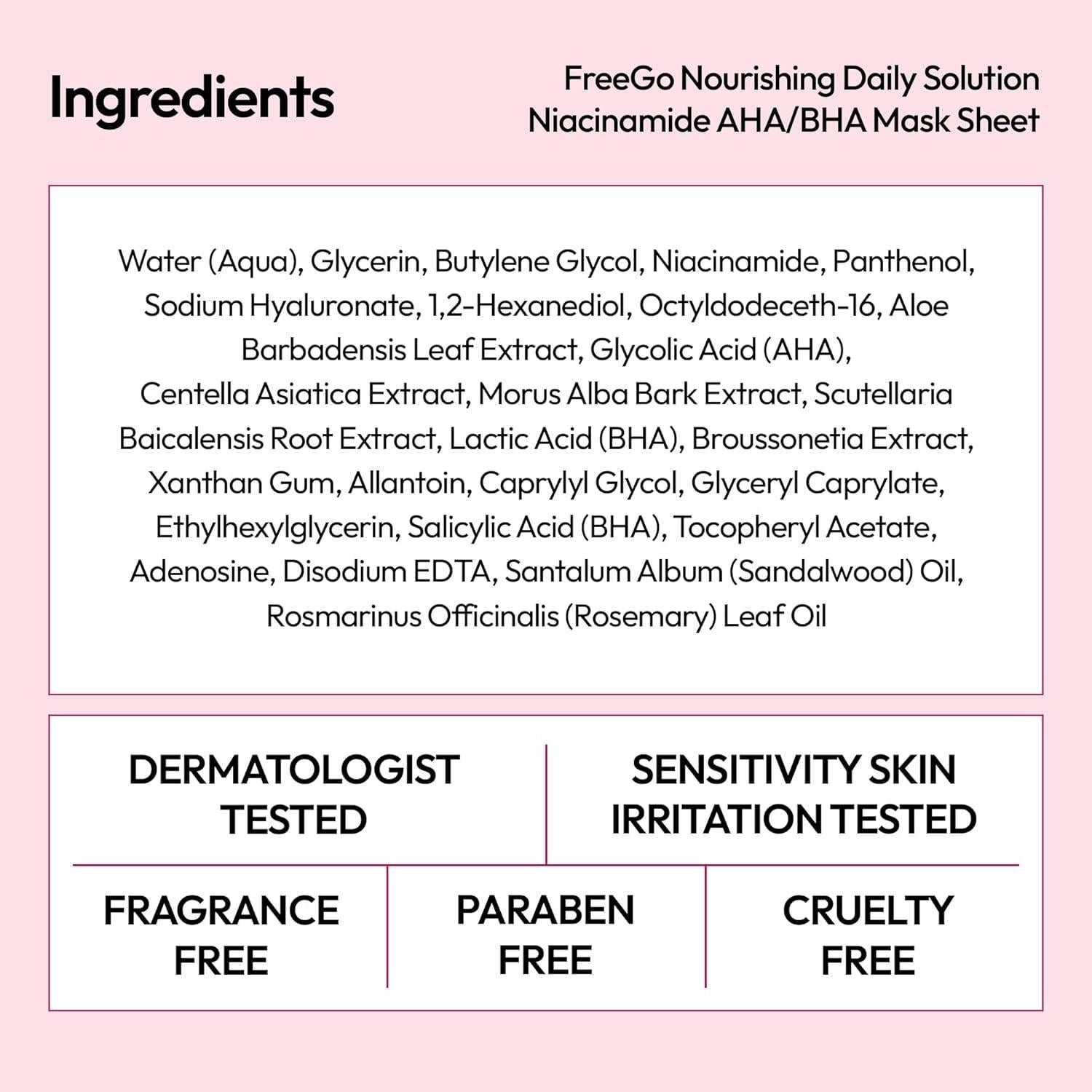 FreeGo Nourishing Daily Solution Niacinamide AHA/BHA Facial Mask Sheet (6-Pack) | K-Beauty Skincare to Bouncy Firm Skin