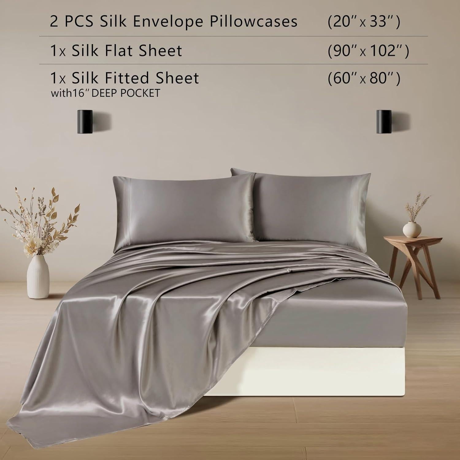 Juego de Ropa de Cama de Seda ZIMASILK 4 Piezas Reina Gris