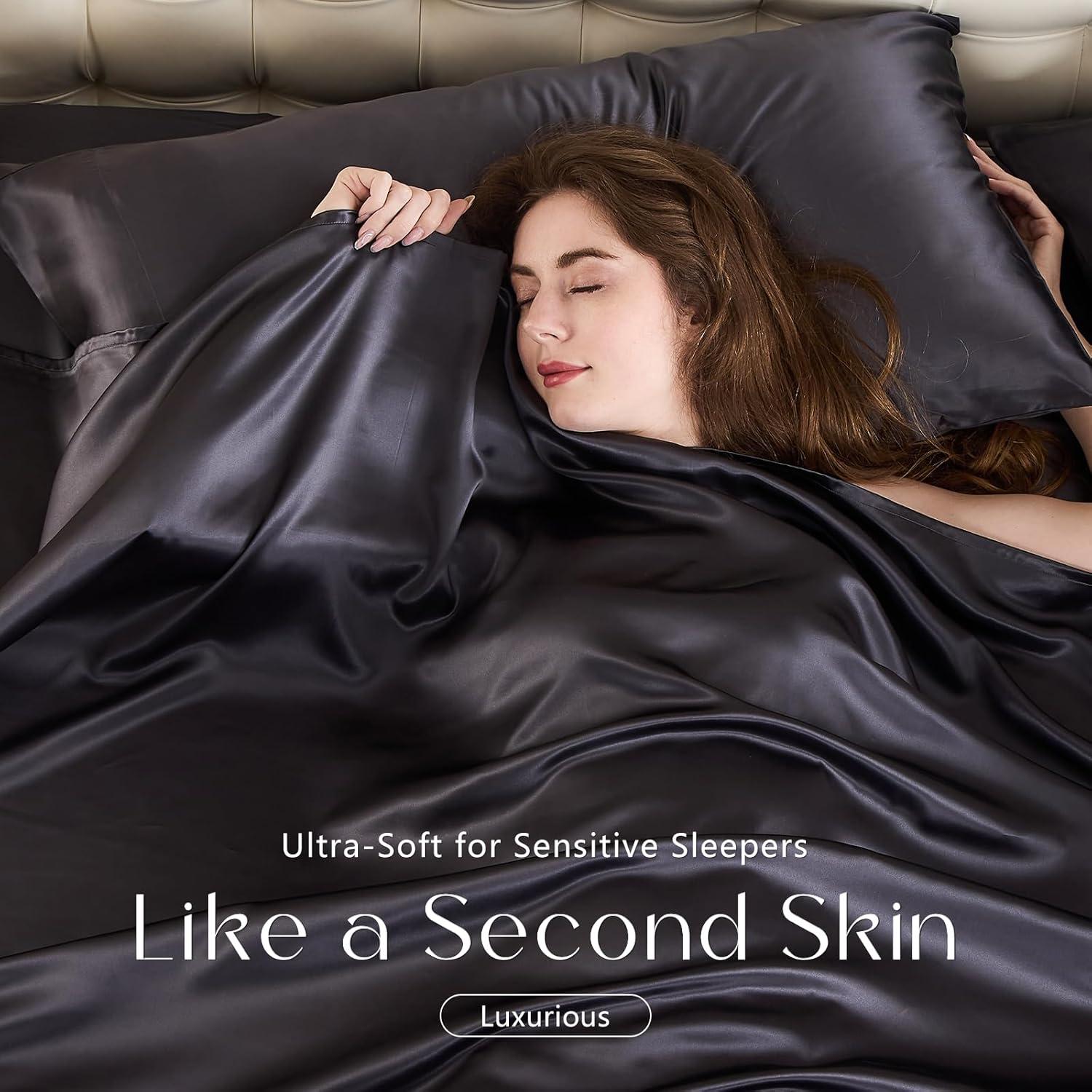 Juego de Ropa de Cama de Seda ZIMASILK 4 Piezas Reina Gris