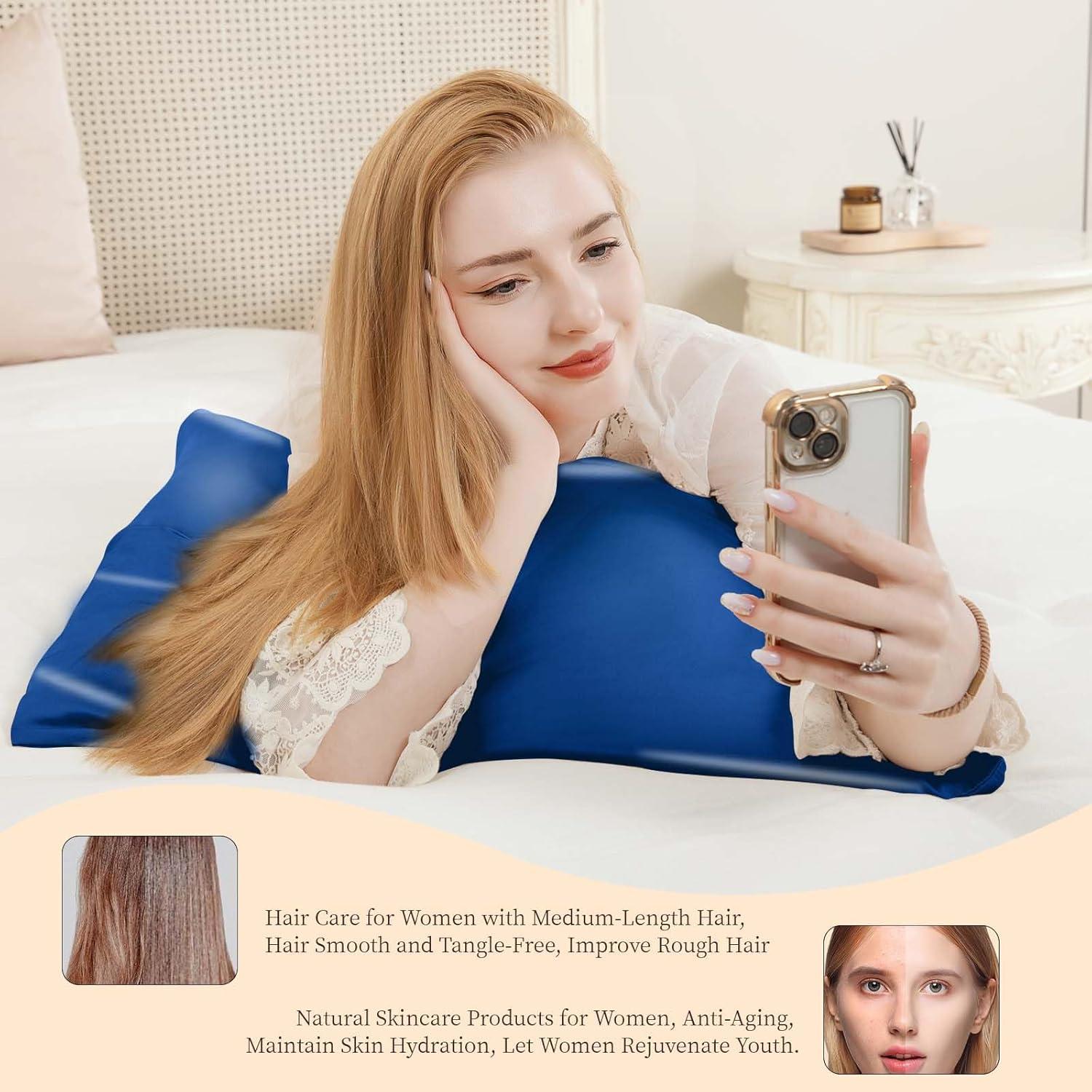 Funda de Almohada de Seda 100% Pura Momelo King Azul Gema