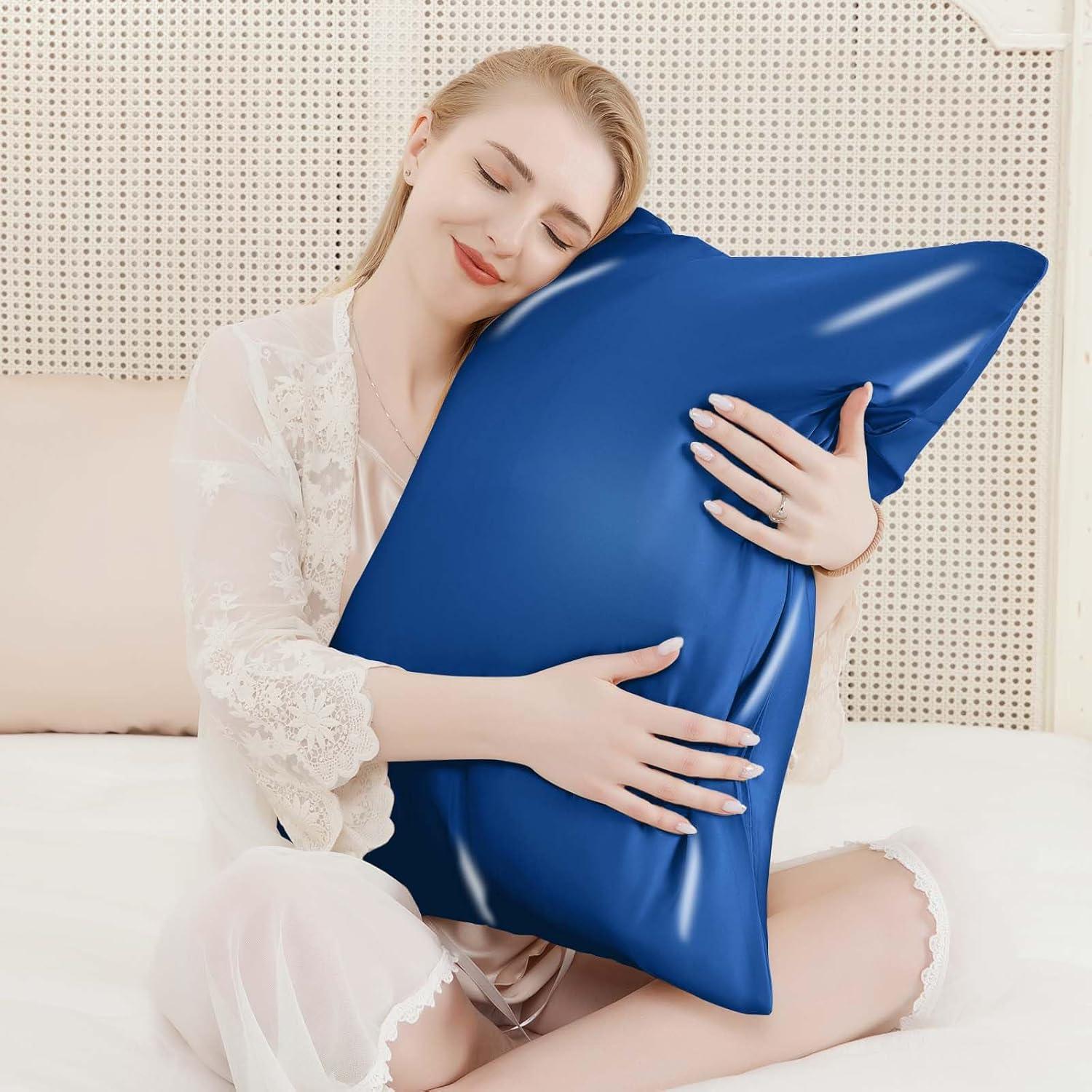 Funda de Almohada de Seda 100% Pura Momelo King Azul Gema