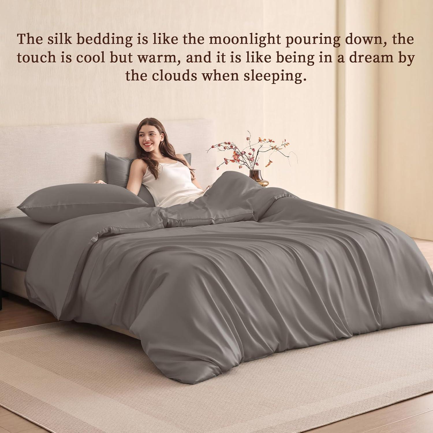 Juego de Funda de Edredón 3 Piezas THXSILK Seda Morera Reina Carbón