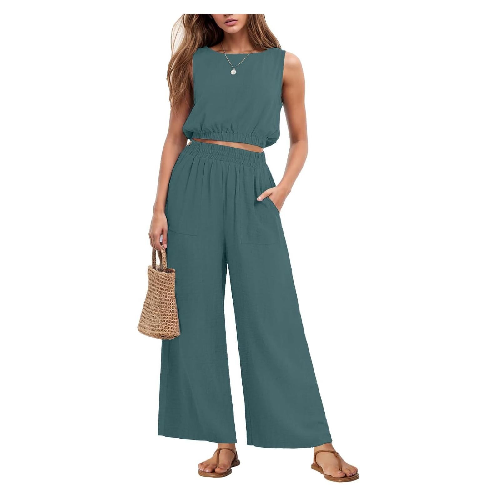 Conjunto de 2 Piezas GRECERELLE para Mujeres - Top Corto y Pantalones Anchos