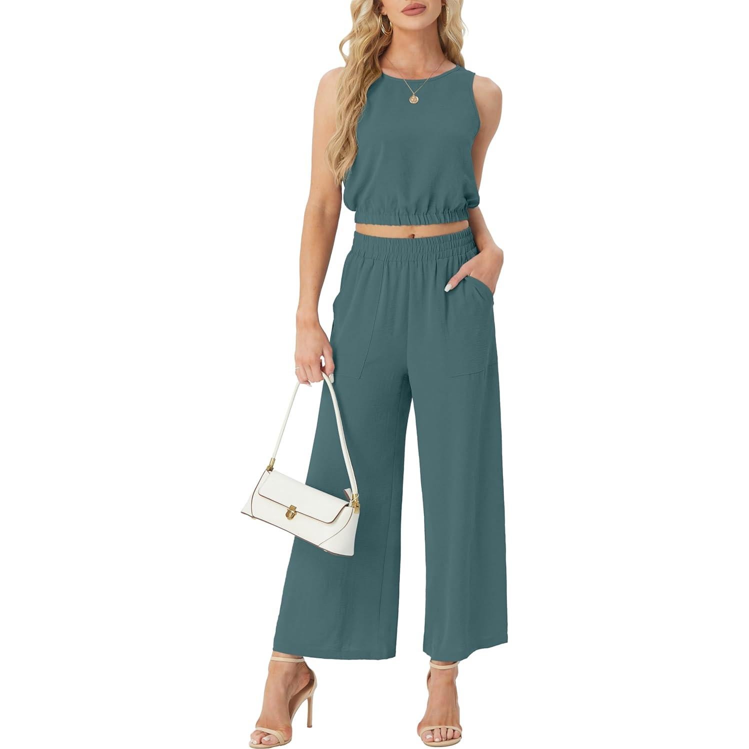 Conjunto de 2 Piezas GRECERELLE para Mujeres - Top Corto y Pantalones Anchos