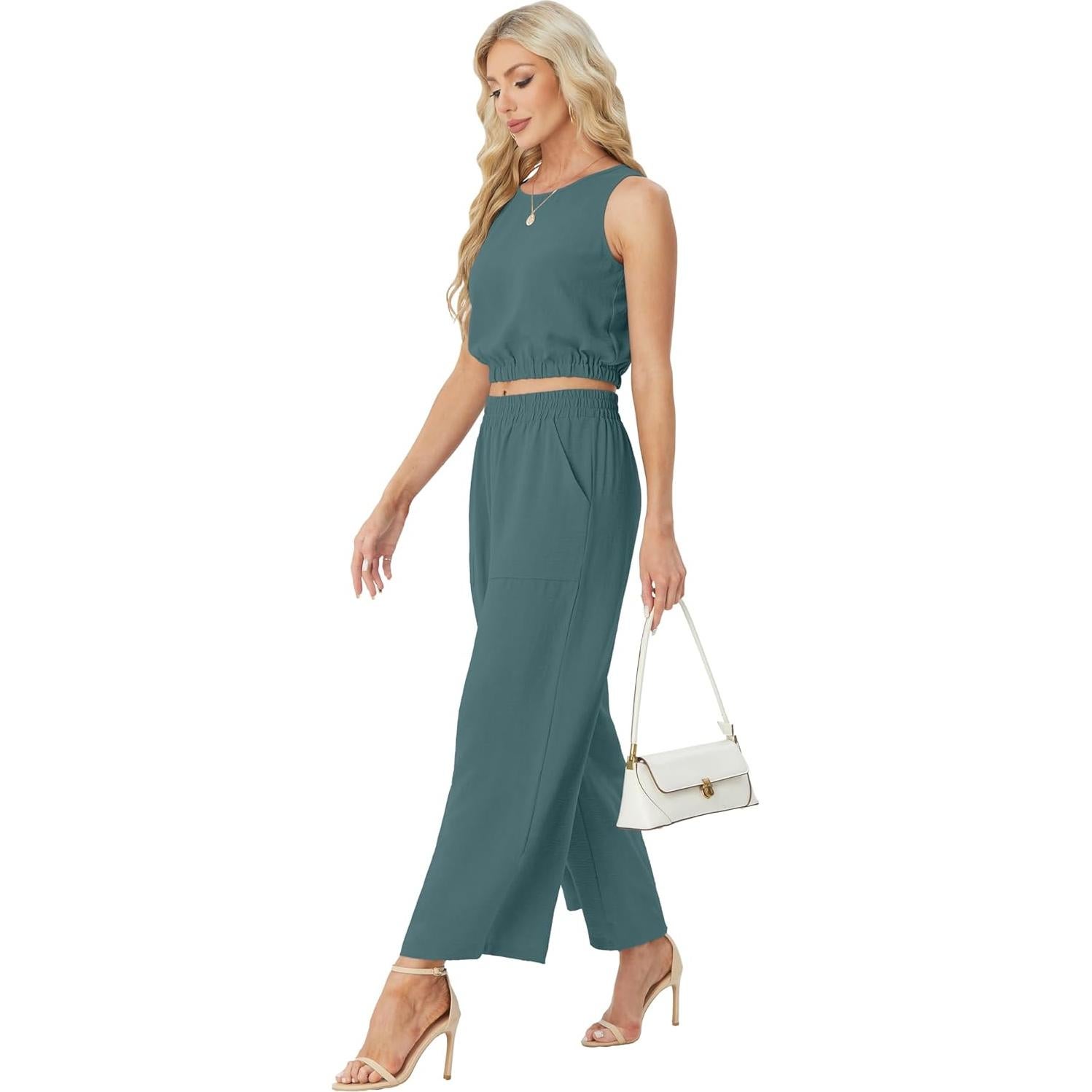 Conjunto de 2 Piezas GRECERELLE para Mujeres - Top Corto y Pantalones Anchos