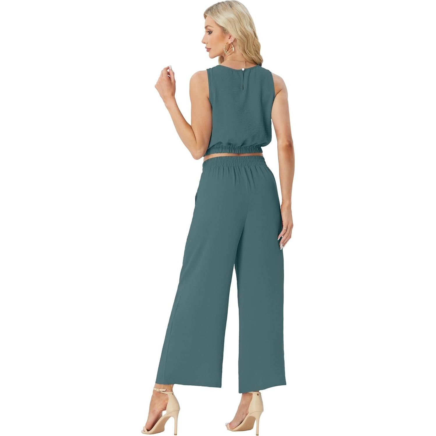 Conjunto de 2 Piezas GRECERELLE para Mujeres - Top Corto y Pantalones Anchos