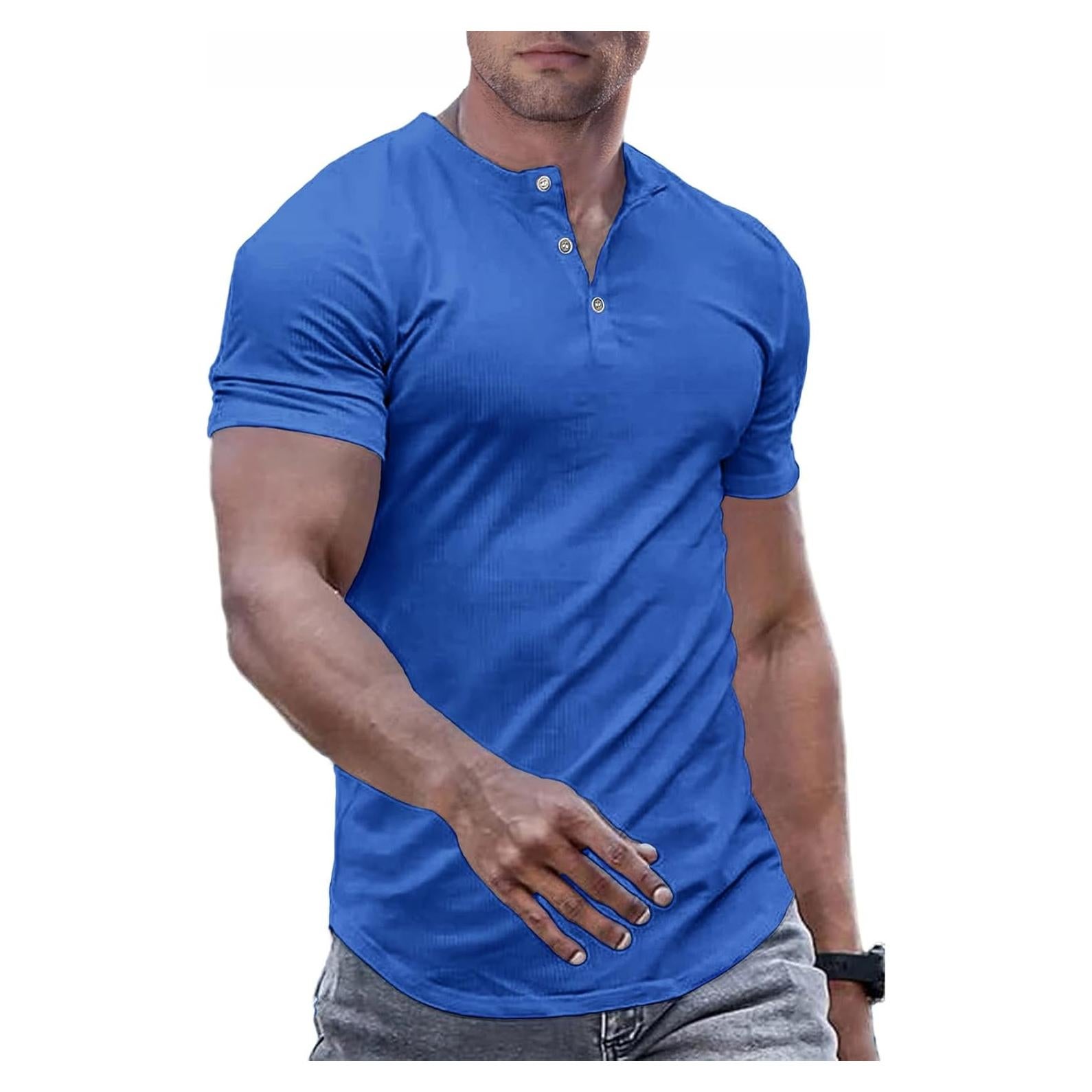 Camisa Henley Ajustada de Musculación JMIERR para Hombre Azul