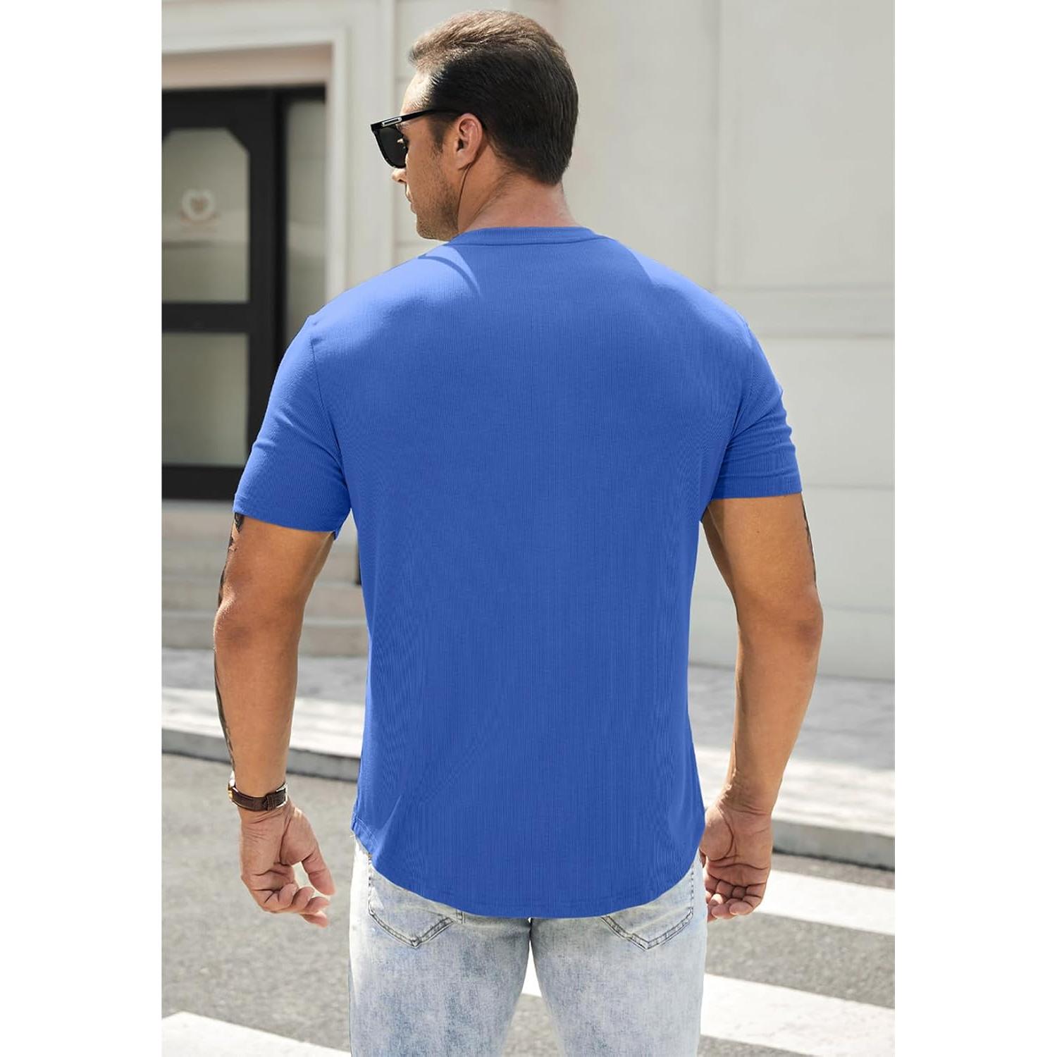 Camisa Henley Ajustada de Musculación JMIERR para Hombre Azul