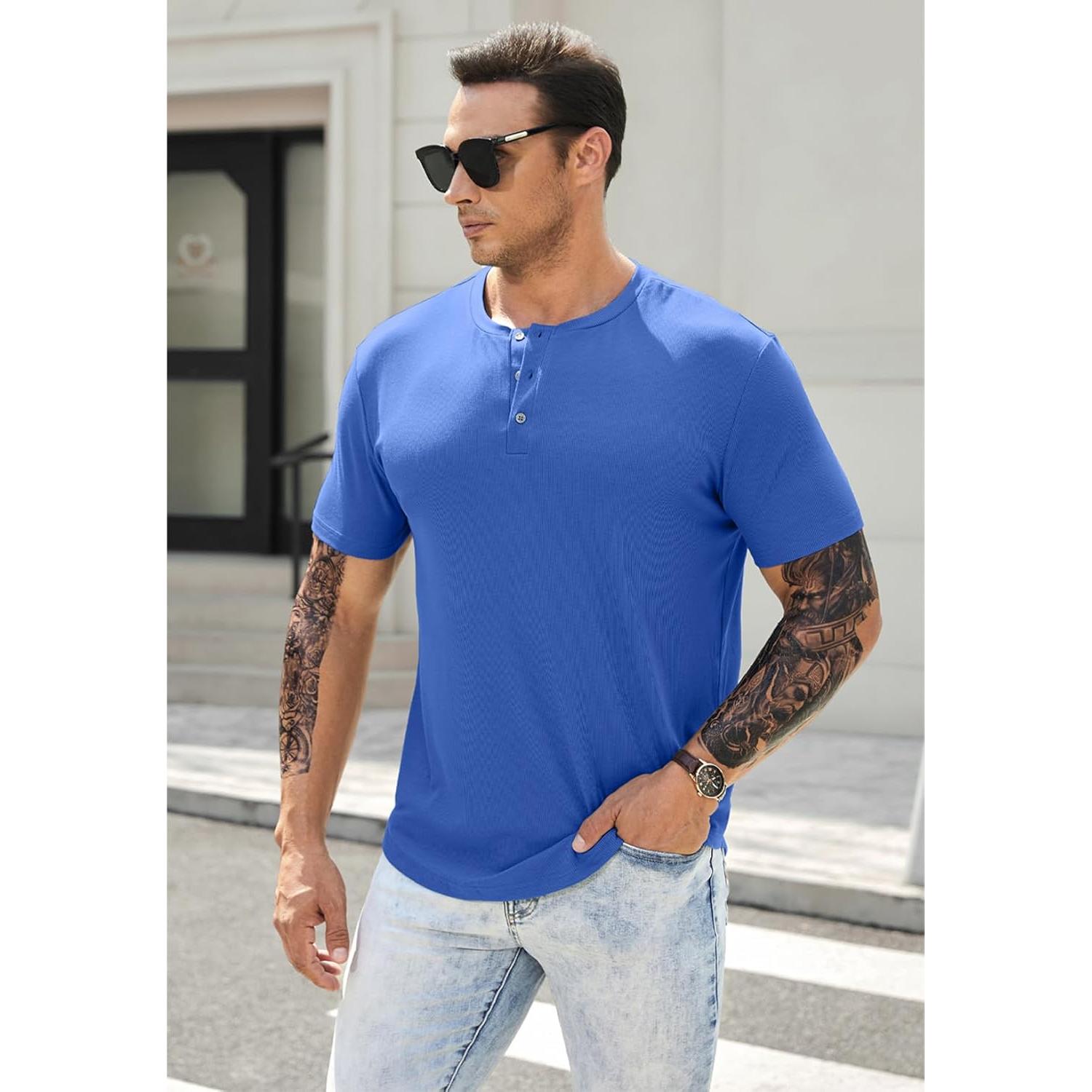 Camisa Henley Ajustada de Musculación JMIERR para Hombre Azul