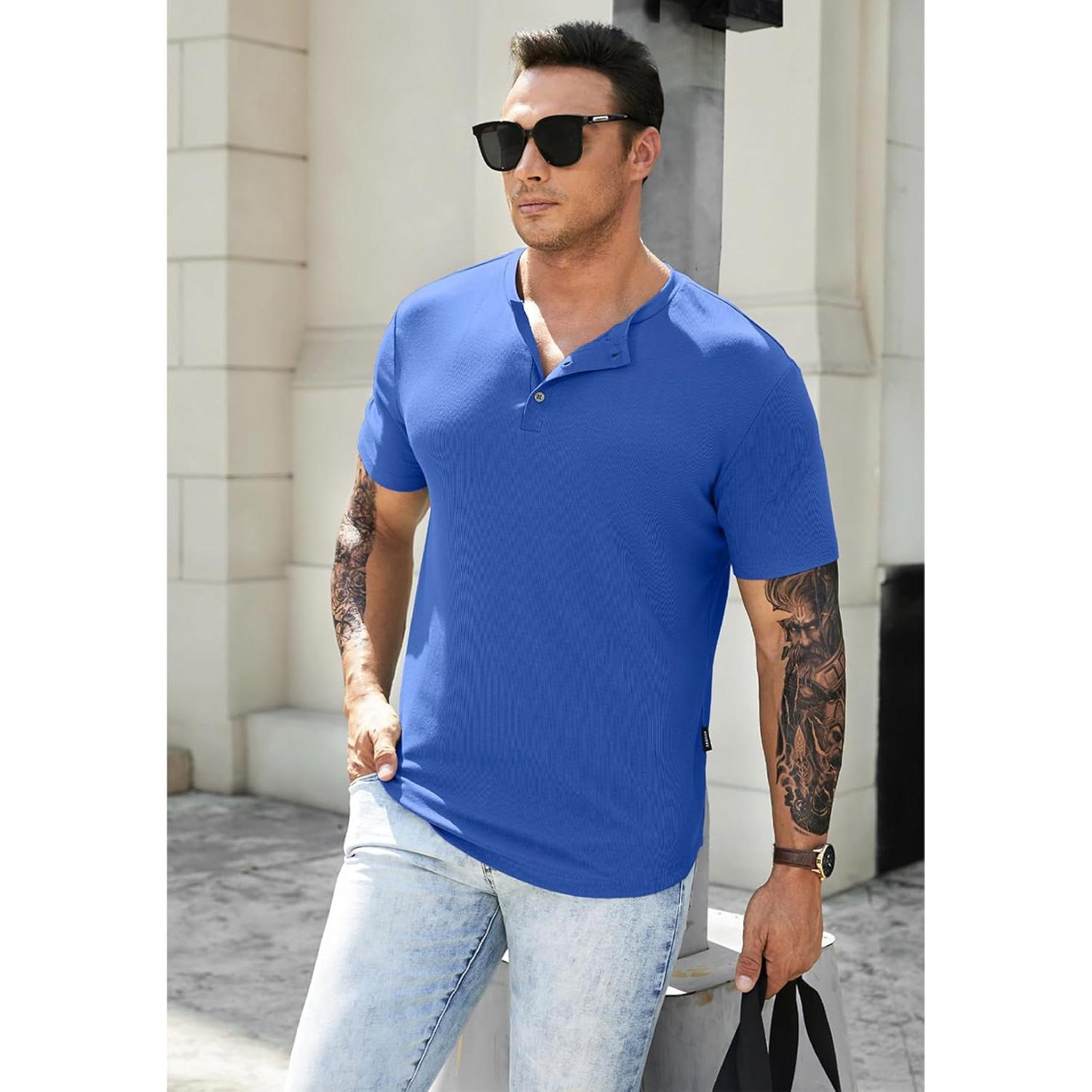 Camisa Henley Ajustada de Musculación JMIERR para Hombre Azul