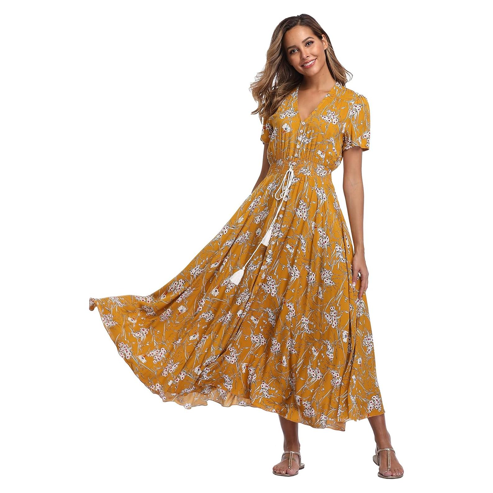 Vestido Maxi Floral Ferrendo para Mujeres con Botones y Abertura