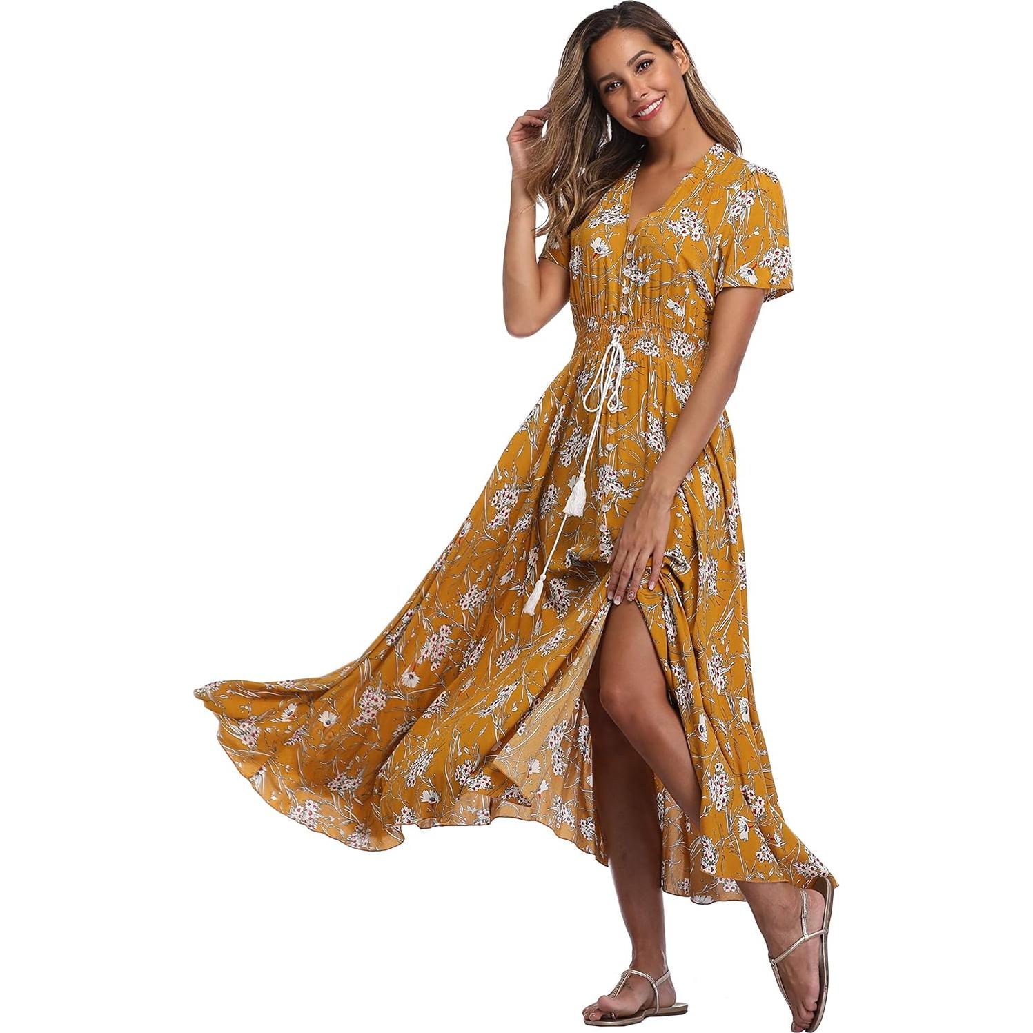 Vestido Maxi Floral Ferrendo para Mujeres con Botones y Abertura