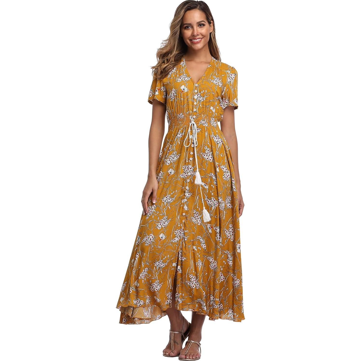 Vestido Maxi Floral Ferrendo para Mujeres con Botones y Abertura