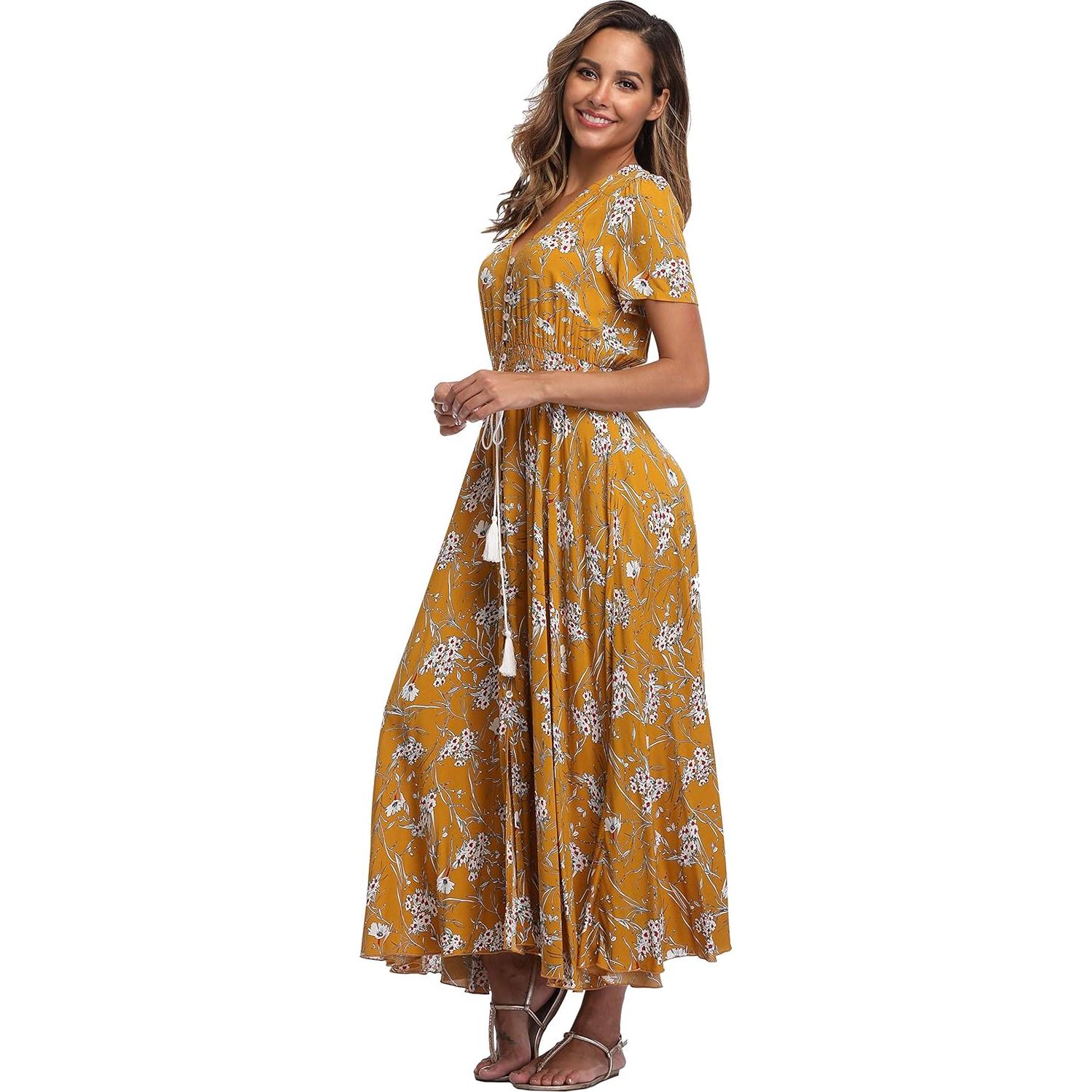 Vestido Maxi Floral Ferrendo para Mujeres con Botones y Abertura