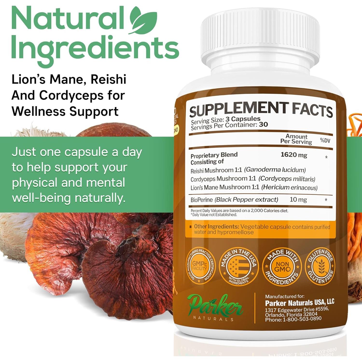 Cápsulas de Complejo de Hongos Parker - Melena de León, Reishi y Cordyceps, 90 Unidades