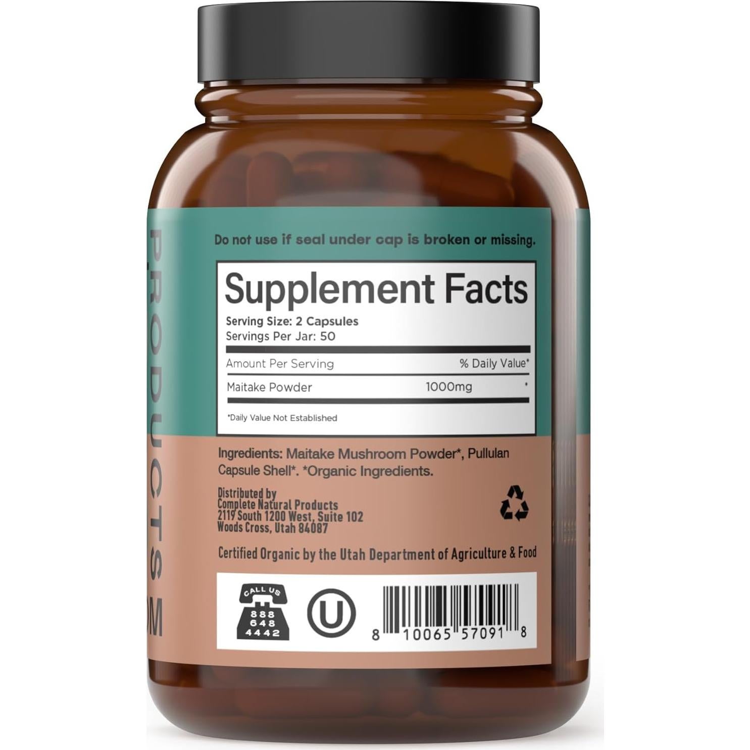 Cápsulas de Champiñón Maitake Orgánico Complete Natural - 100ct