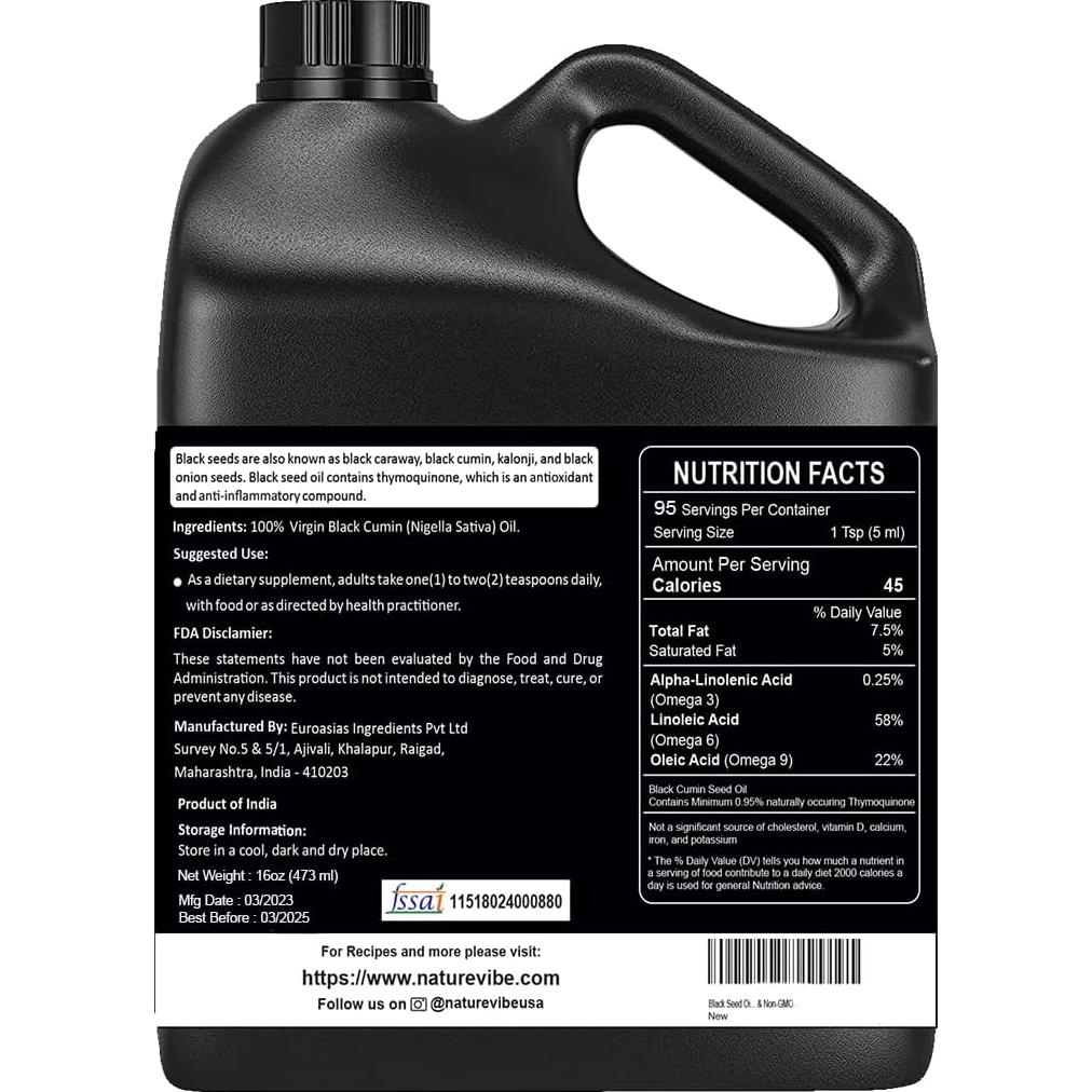 Aceite de Semilla Negra Naturevibe 907g Prensado en Frío Omega 3 6 9