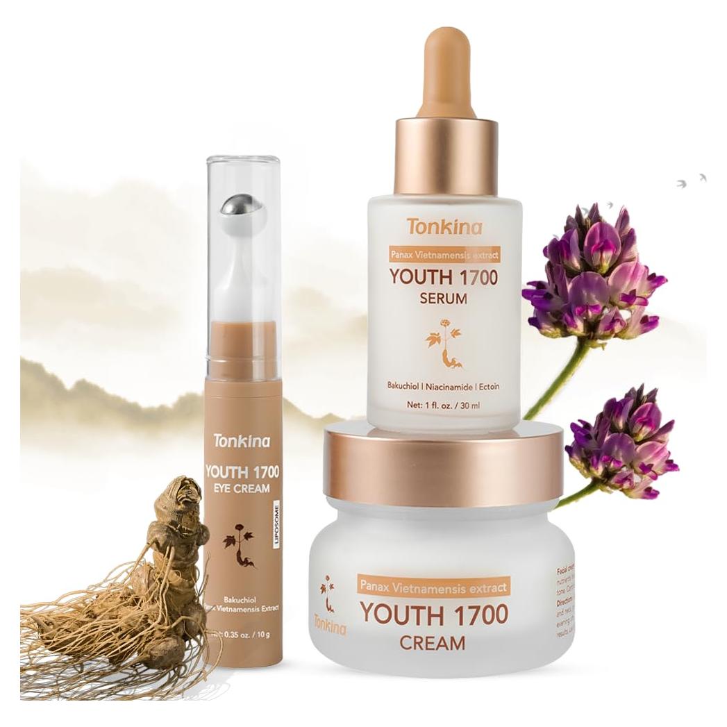 Kit Cuidado de Piel Antienvejecimiento Tonkina 1700 - Suero, Crema y Ojos