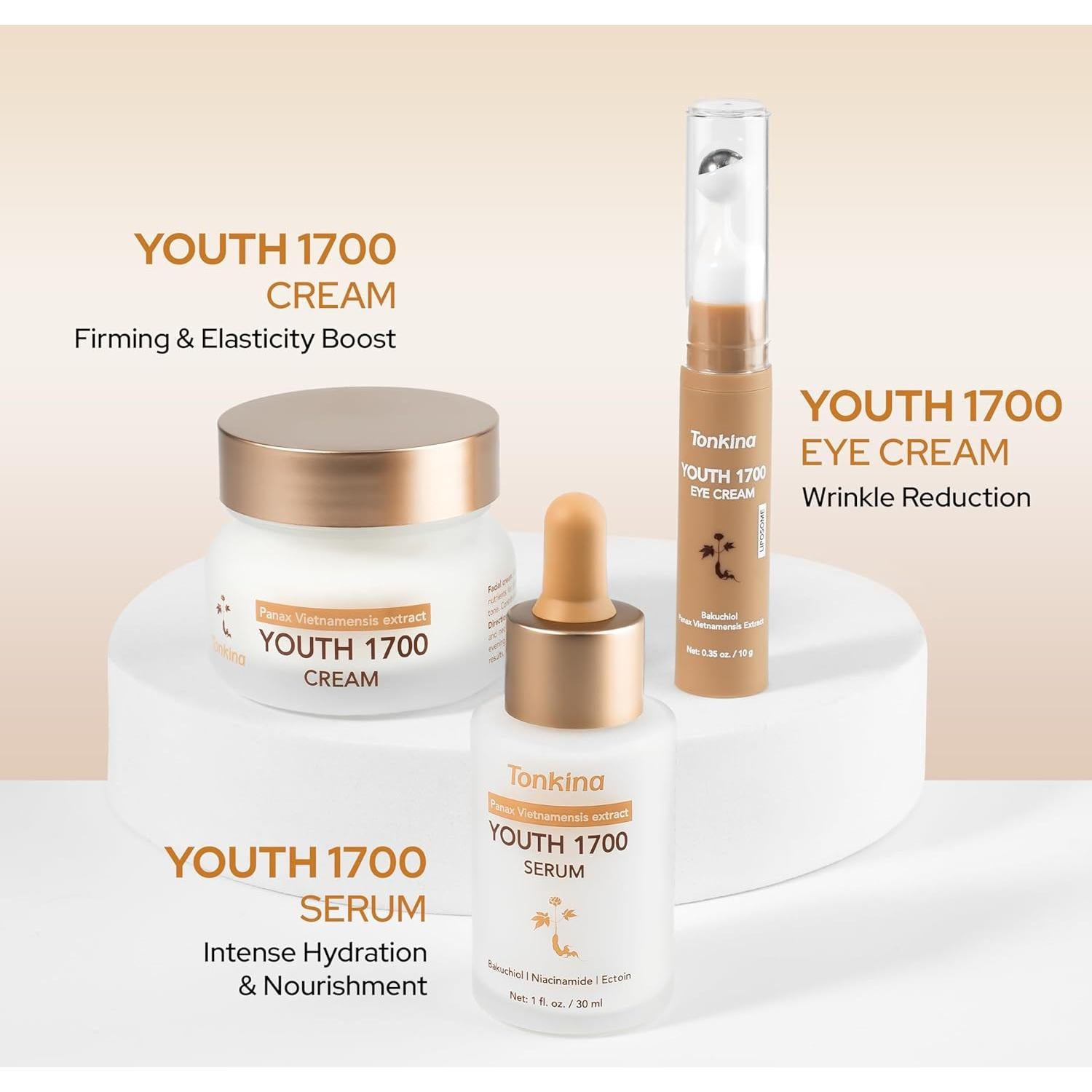 Kit Cuidado de Piel Antienvejecimiento Tonkina 1700 - Suero, Crema y Ojos