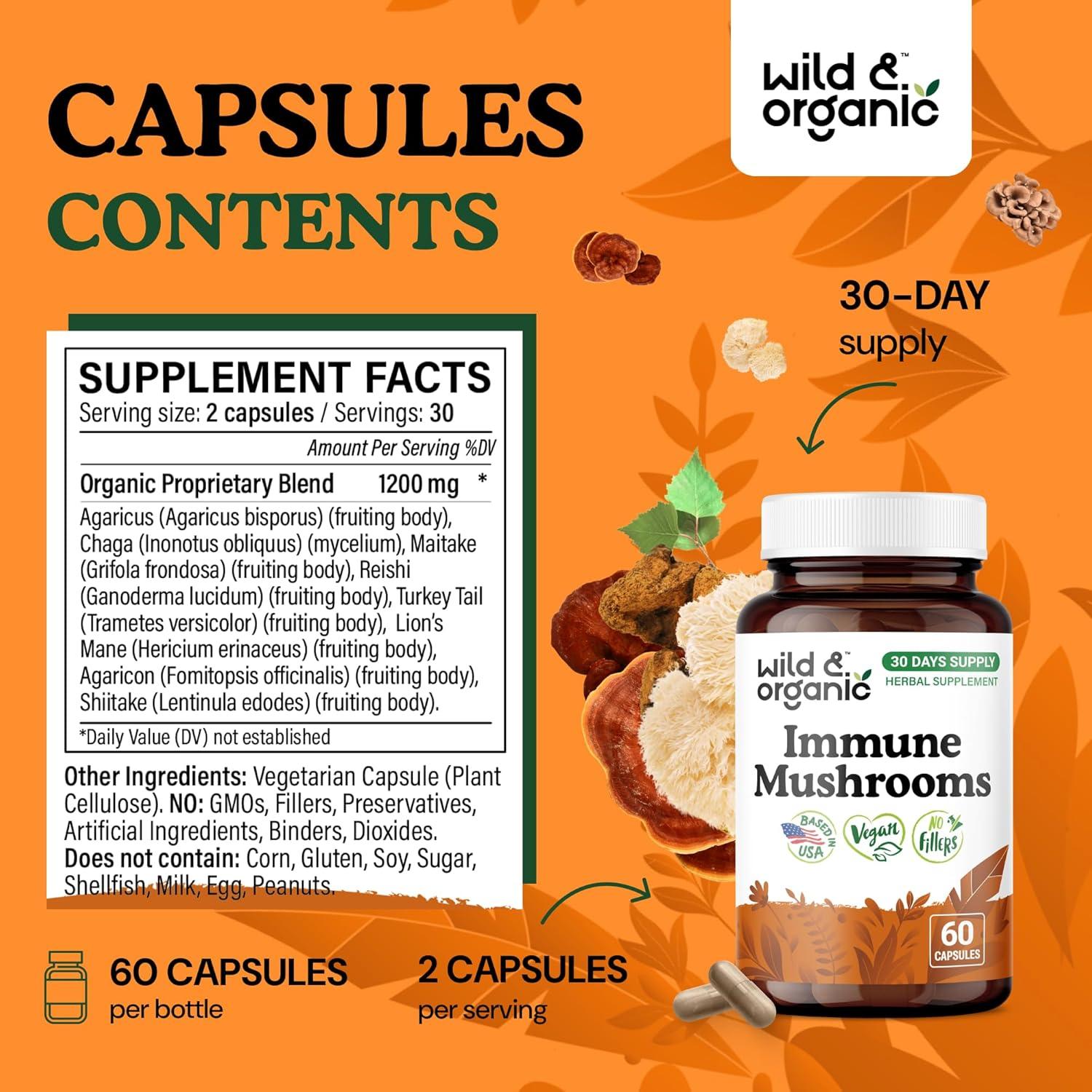 Cápsulas de Hongos Inmunes Silvestres y Orgánicos 60 Caps - Vegano