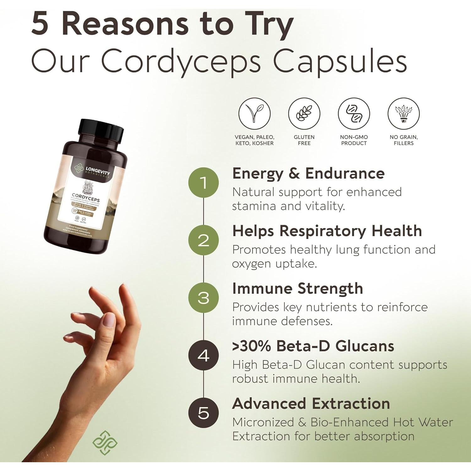 Cápsulas de Hongo Cordyceps Orgánico Longevity 120 Unidades