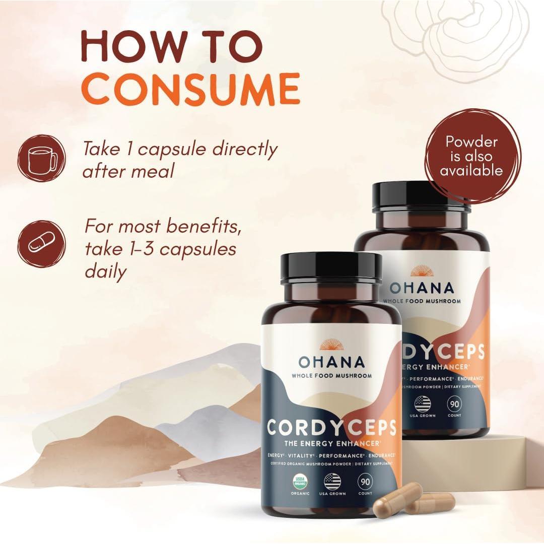 Suplemento de Hongos Orgánicos Ohana Cordyceps 90 Cápsulas