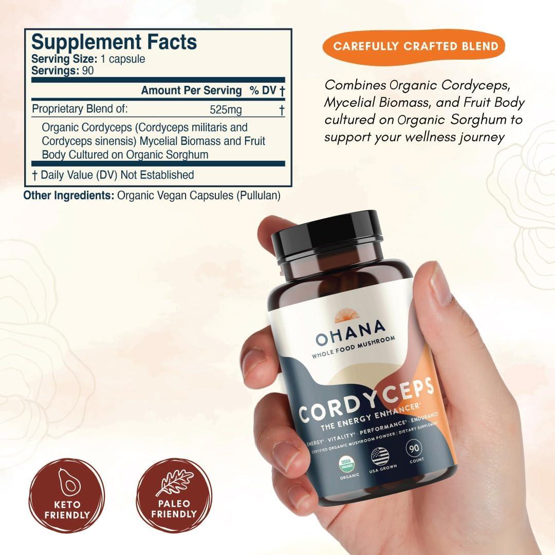 Suplemento de Hongos Orgánicos Ohana Cordyceps 90 Cápsulas
