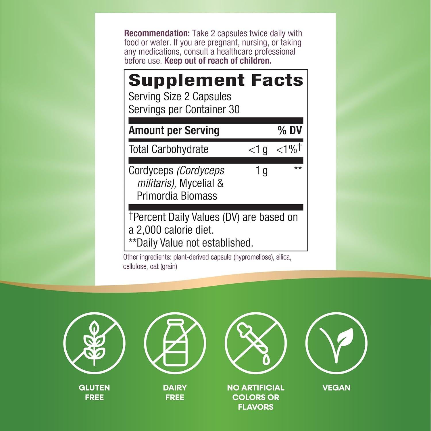 Cordyceps Premium Nature's Way 1000 mg 60 cápsulas veganas