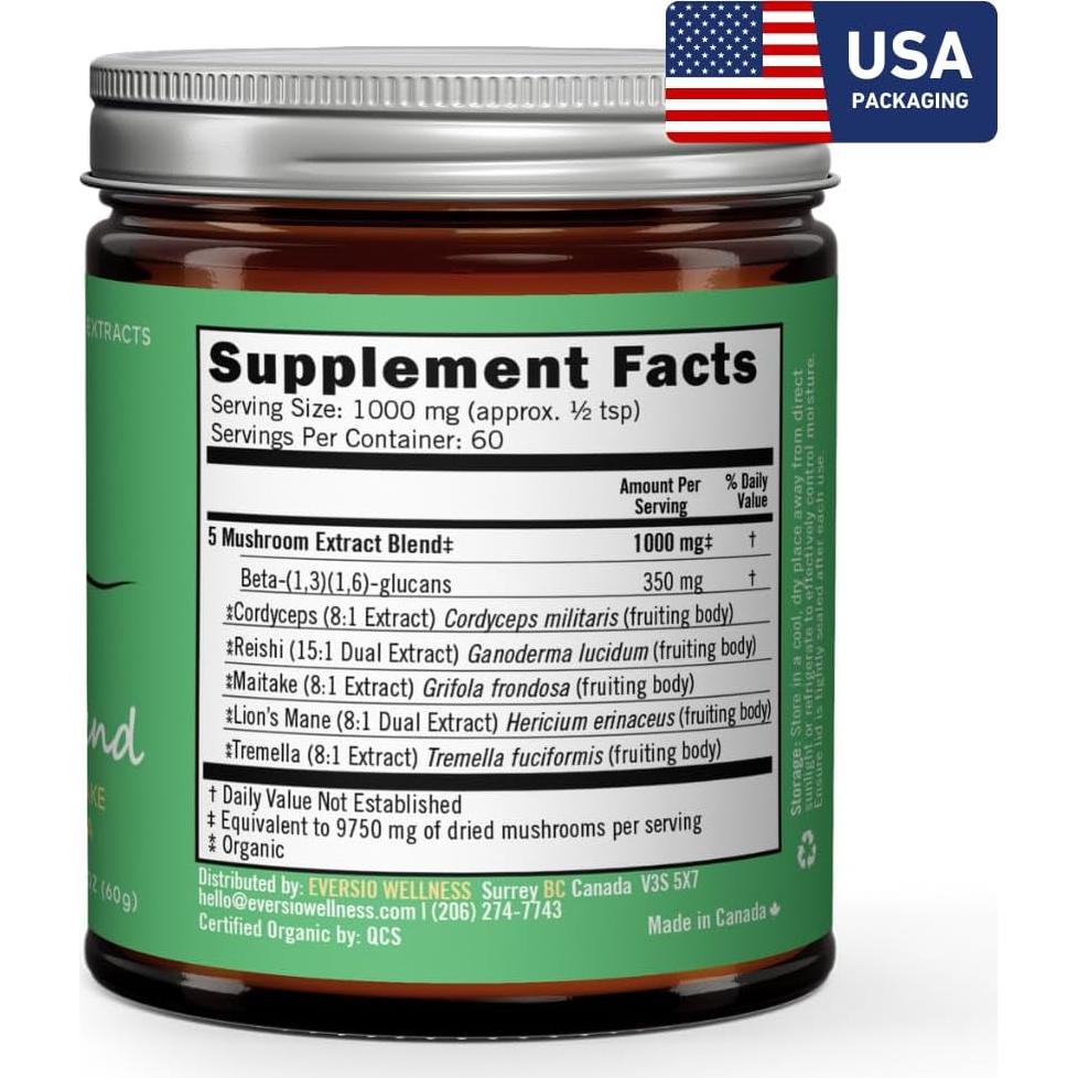 Mezcla de 5 Hongos Eversio Wellness 60g - Cordyceps, Reishi, Maitake