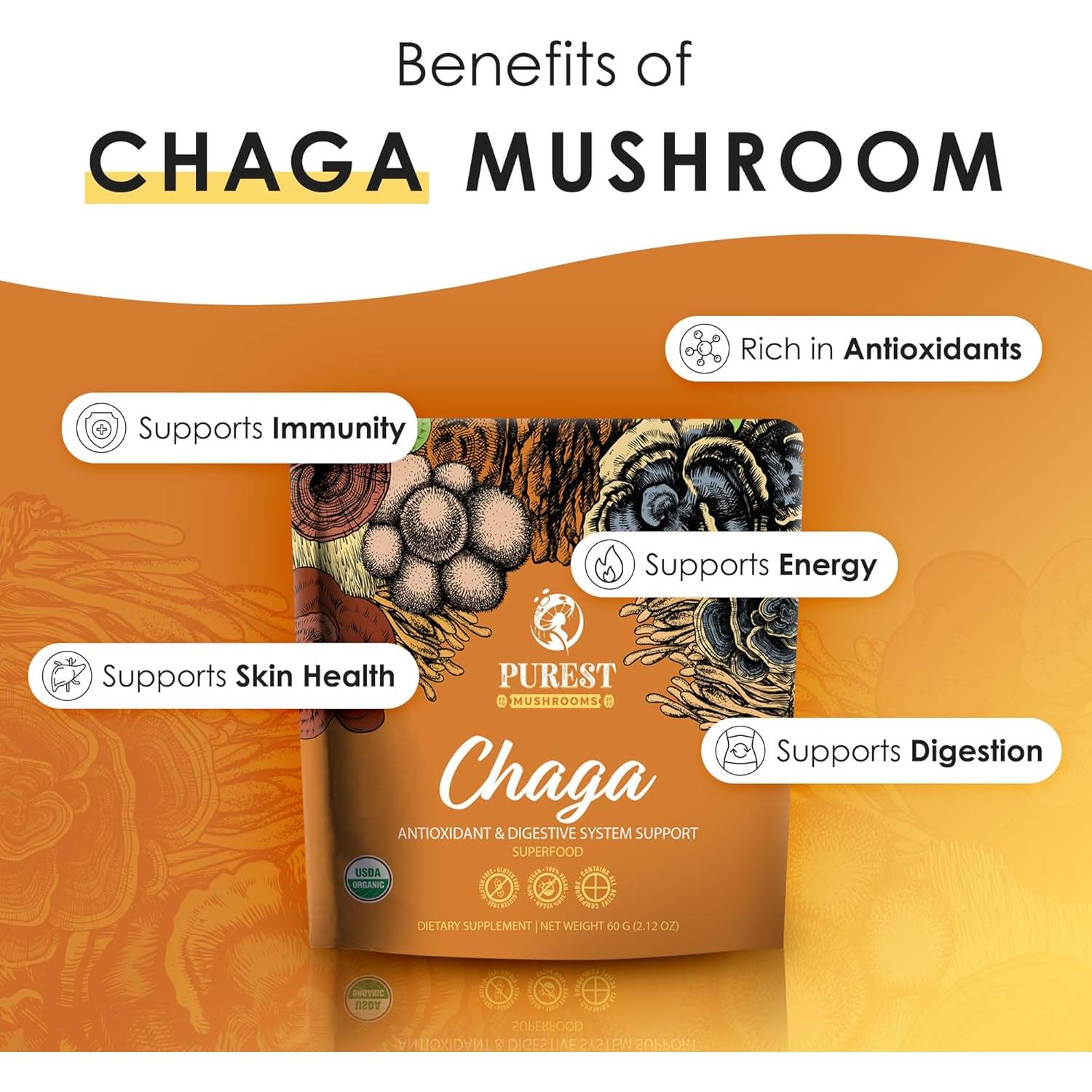 Extracto de Hongo Chaga en Polvo Orgánico 60g - Purest Mushrooms