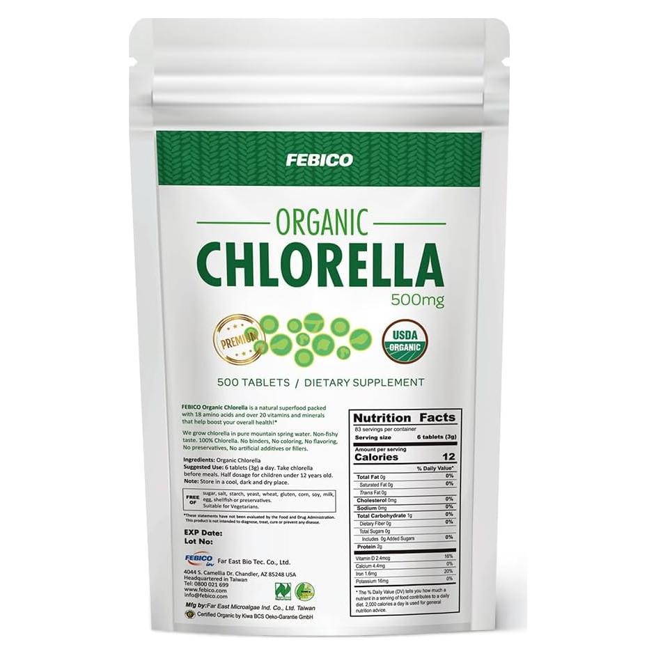 Tabletas de Chlorella Orgánica 500mg FEBICO 500ct Vegano