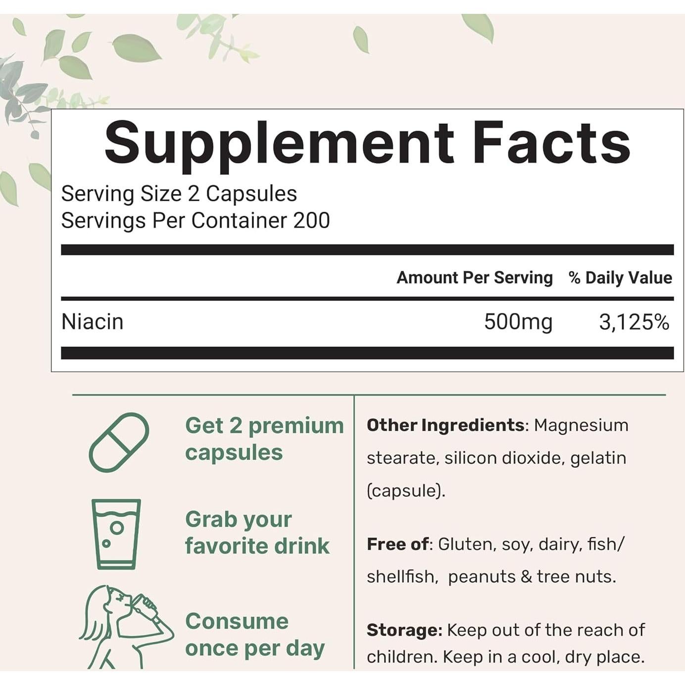Niacina 500mg Micro Ingredients 400 Cápsulas Sin Enrojecimiento