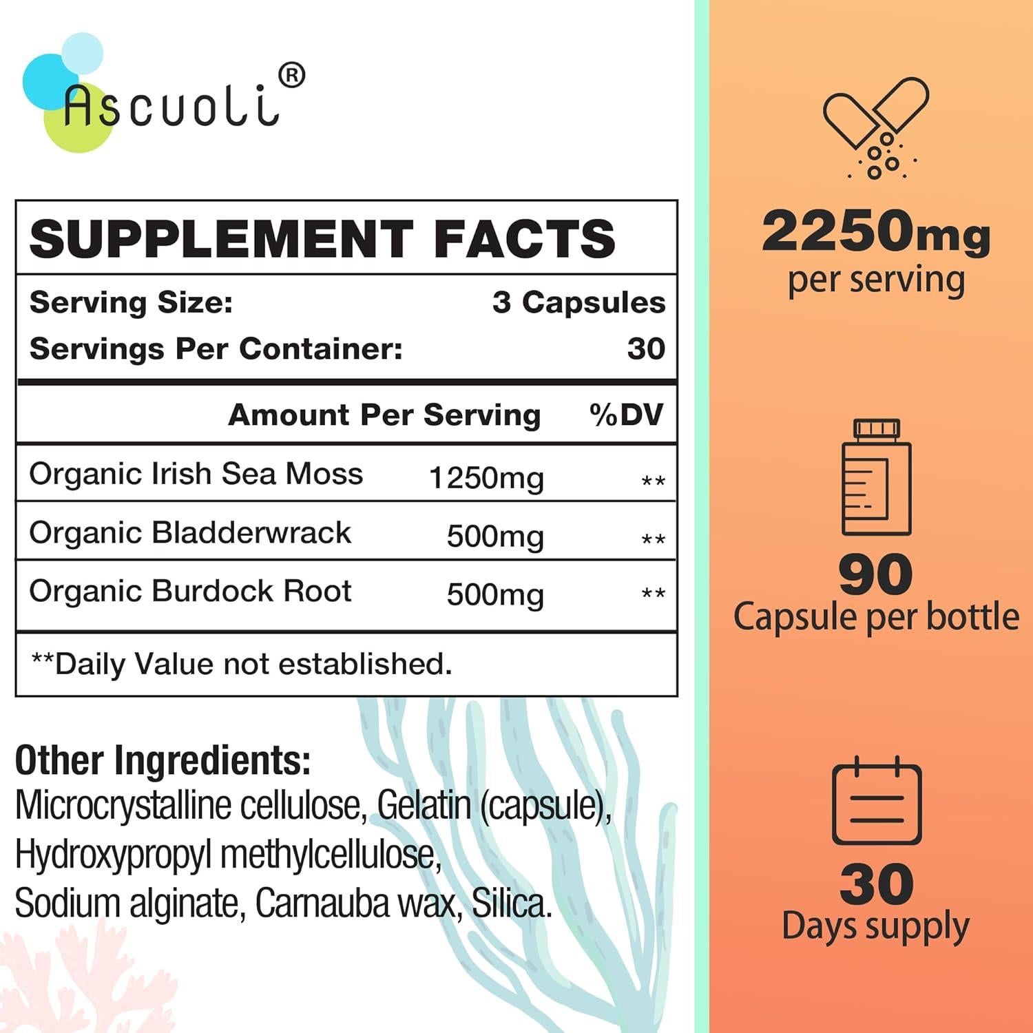 Cápsulas de Musgo Marino Orgánico Ascuoli 2250mg - 90 Unidades