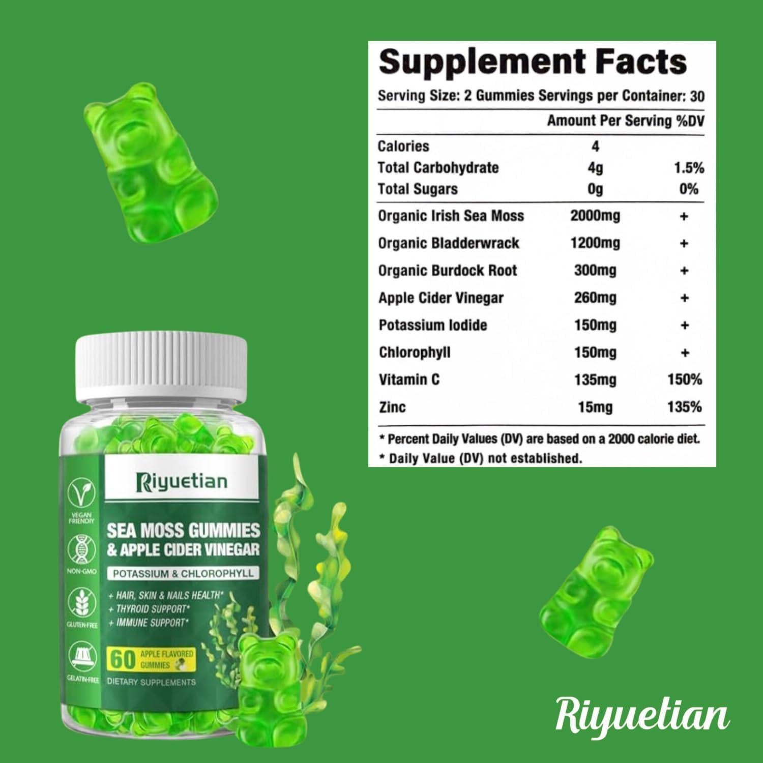 Gomitas de Musgo Marino Riyuetian 60 Unidades Sabor Manzana