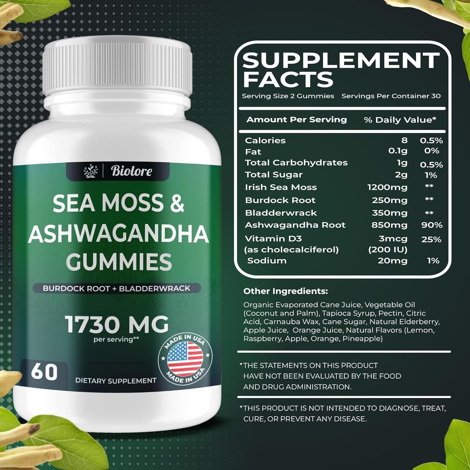 Gomitas Veganas Biolore de Musgo Marino y Ashwagandha 60 Unidades