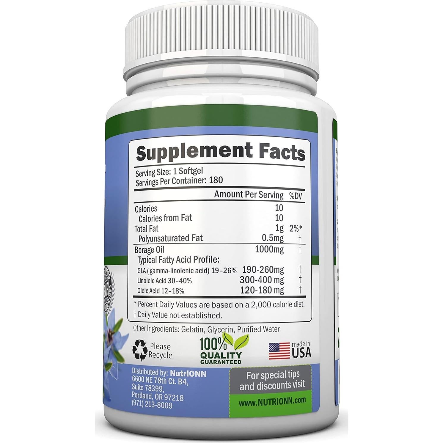 Aceite de Borraja NutriONN 1000 mg 180 Cápsulas Blandas GLA